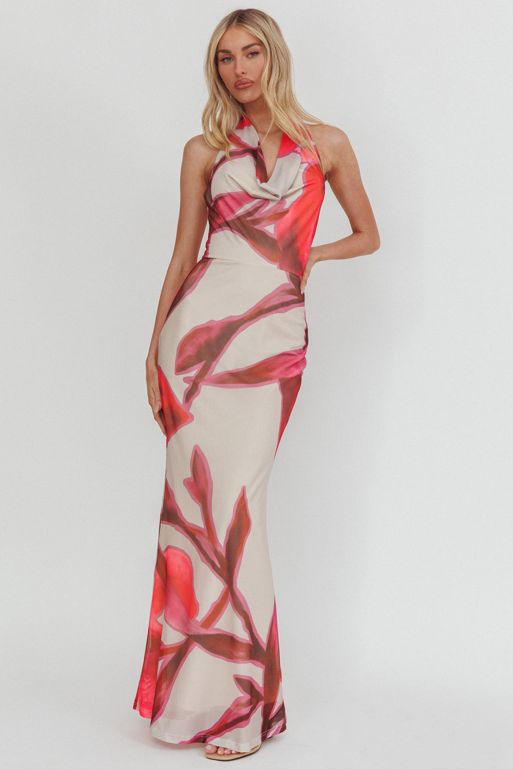 Outlier Cowl Halterneck Maxi Dress Print Beige by Selfie Leslie