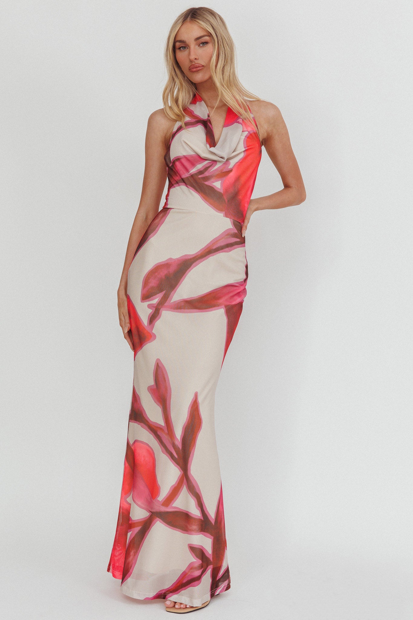 Outlier Cowl Halterneck Maxi Dress Print Beige by Selfie Leslie