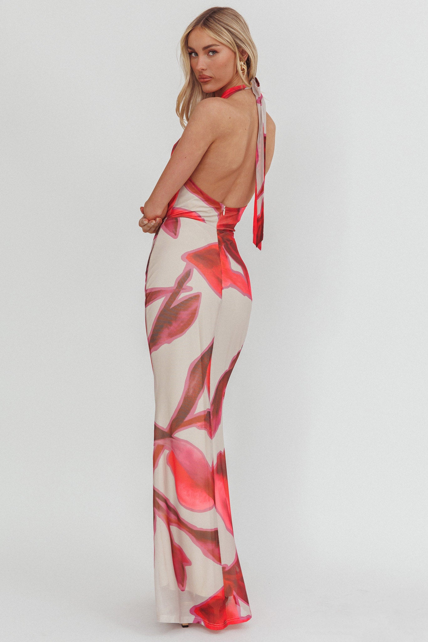 Outlier Cowl Halterneck Maxi Dress Print Beige by Selfie Leslie