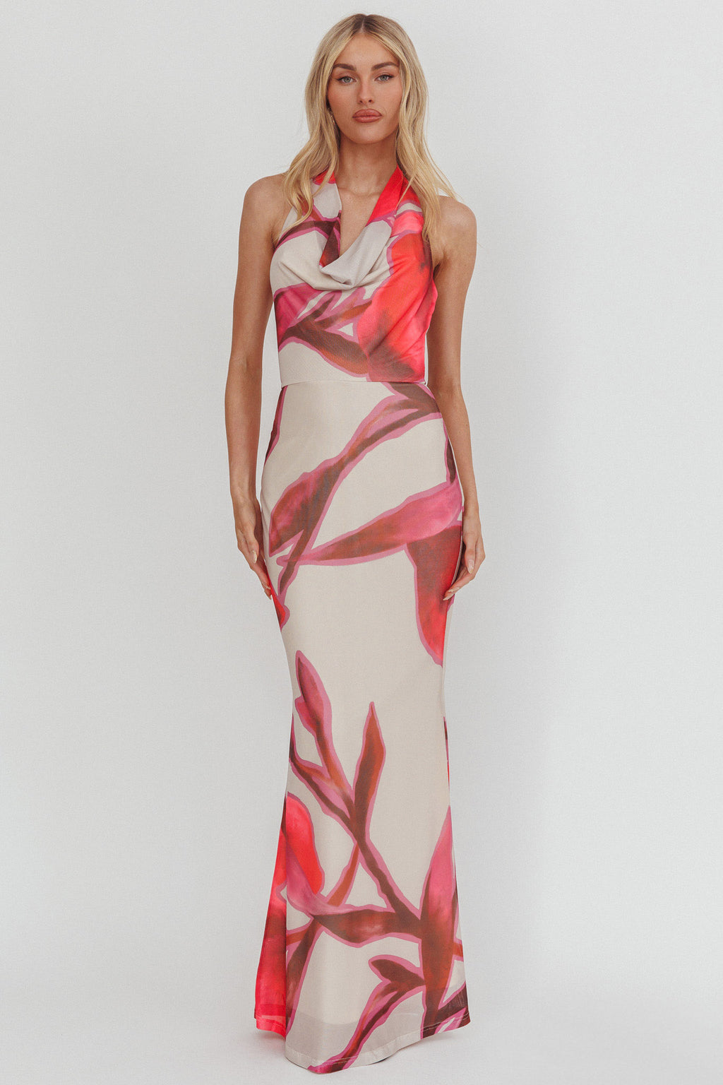 Outlier Cowl Halterneck Maxi Dress Print Beige by Selfie Leslie