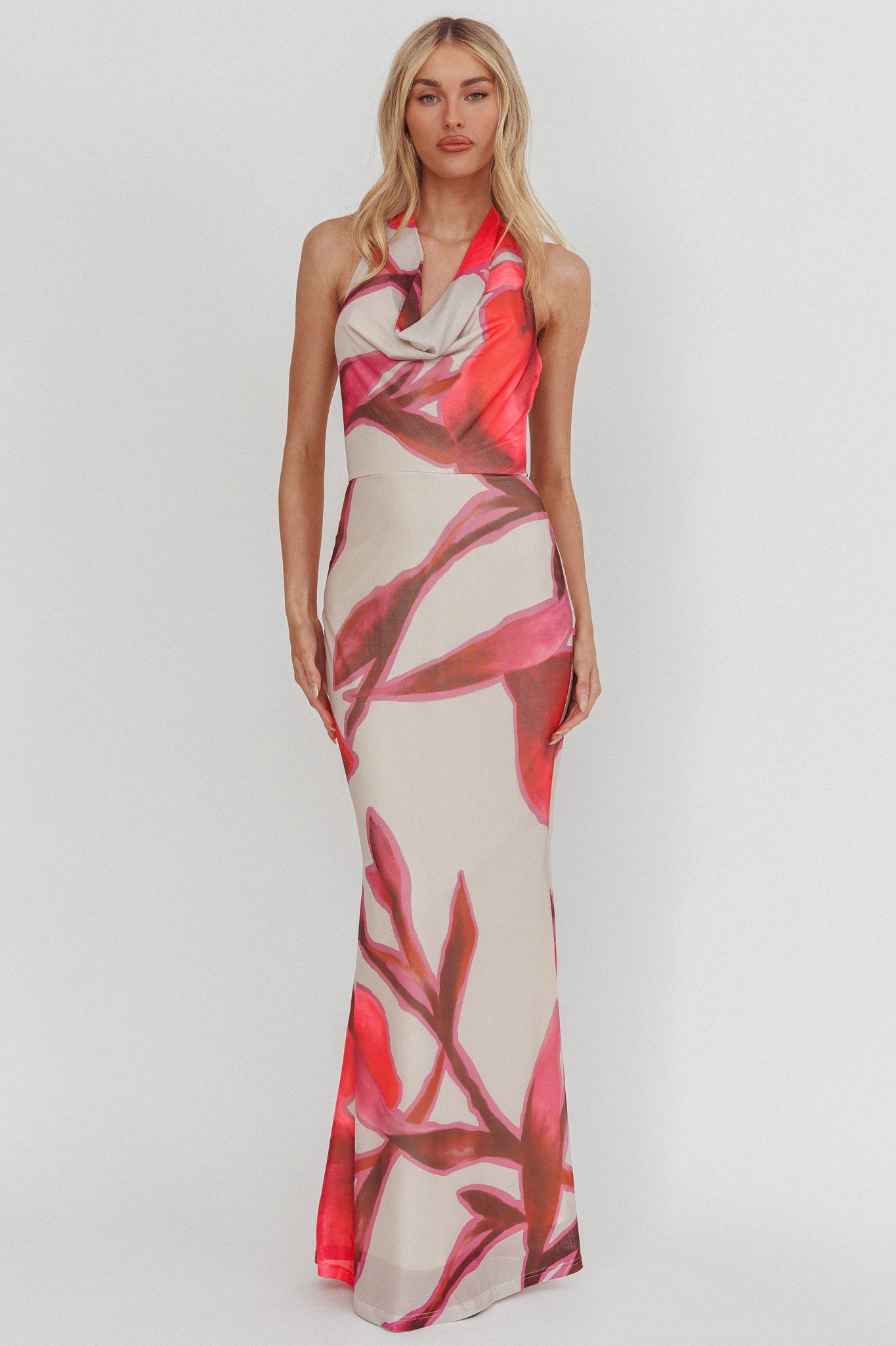 Outlier Cowl Halterneck Maxi Dress Print Beige by Selfie Leslie