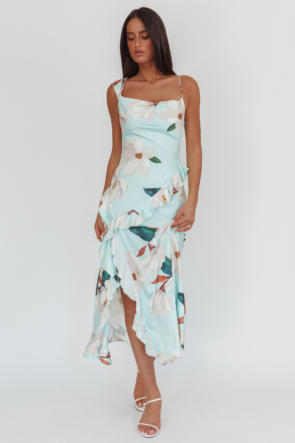 Sunshine Eternity Asymmetric Neckline Ruffle Maxi Dress Floral Mint L