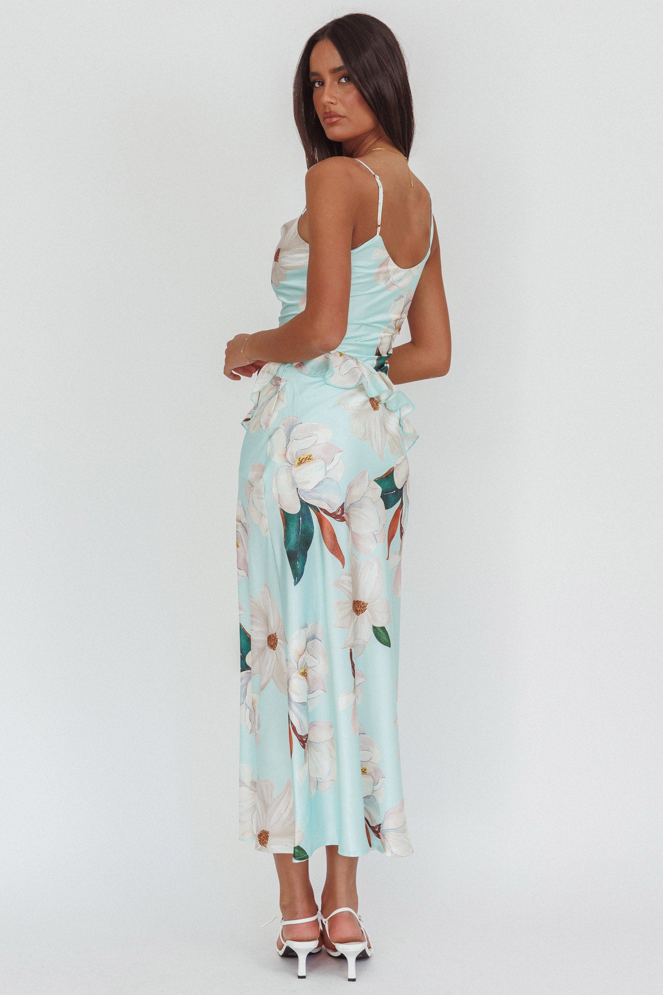 Sunshine Eternity Asymmetric Neckline Ruffle Maxi Dress Floral Mint L