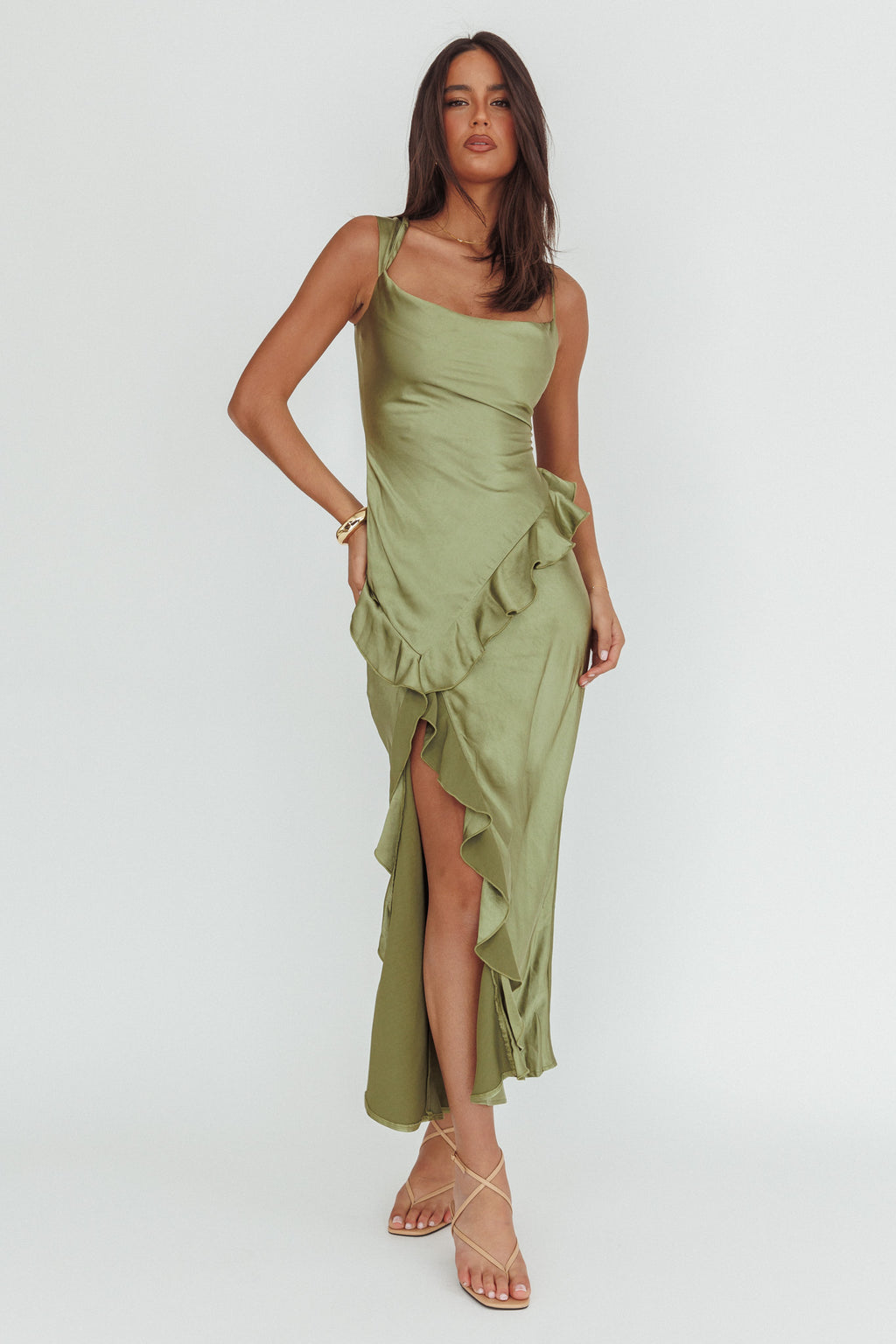 Sunshine Eternity Asymmetric Neckline Ruffle Maxi Dress Olive Selfie Leslie Sunshine Eternity Asymmetric Neckline Ruffle Maxi Dress Olive Selfie Leslie