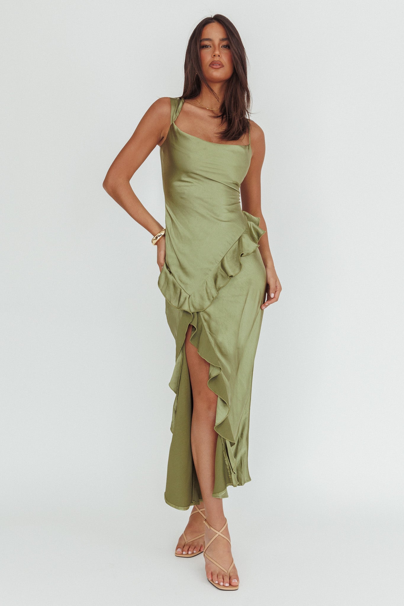 Sunshine Eternity Asymmetric Neckline Ruffle Maxi Dress Olive by Selfie Leslie