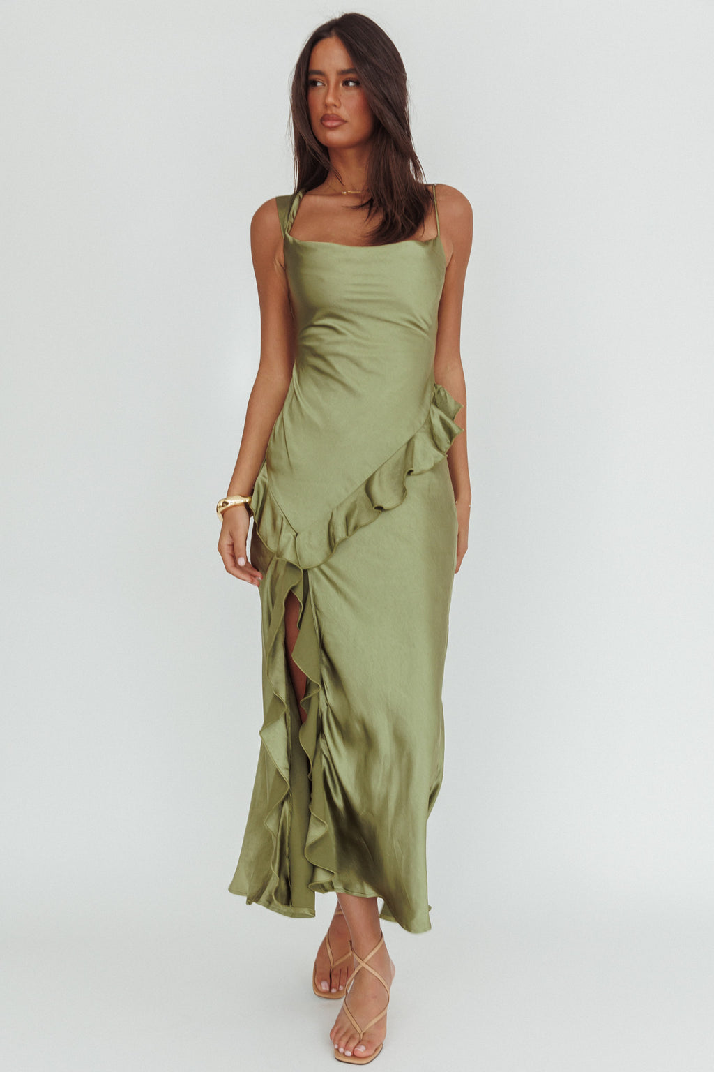 Sunshine Eternity Asymmetric Neckline Ruffle Maxi Dress Olive by Selfie Leslie