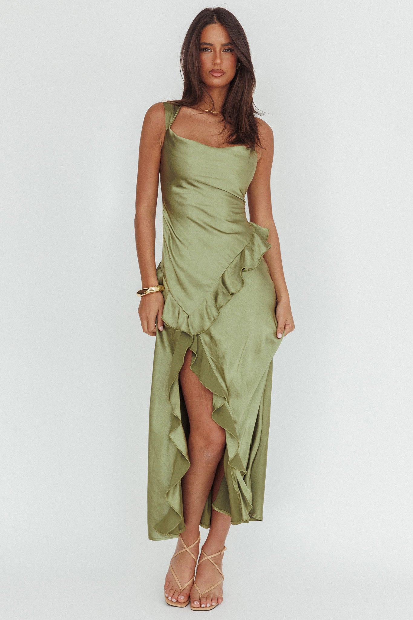 Sunshine Eternity Asymmetric Neckline Ruffle Maxi Dress Olive by Selfie Leslie