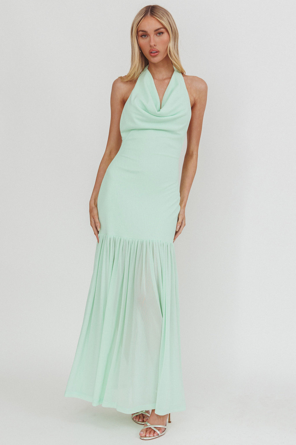 Kailyn Cowl Neck Sheer Hem Maxi Dress Mint by Selfie Leslie