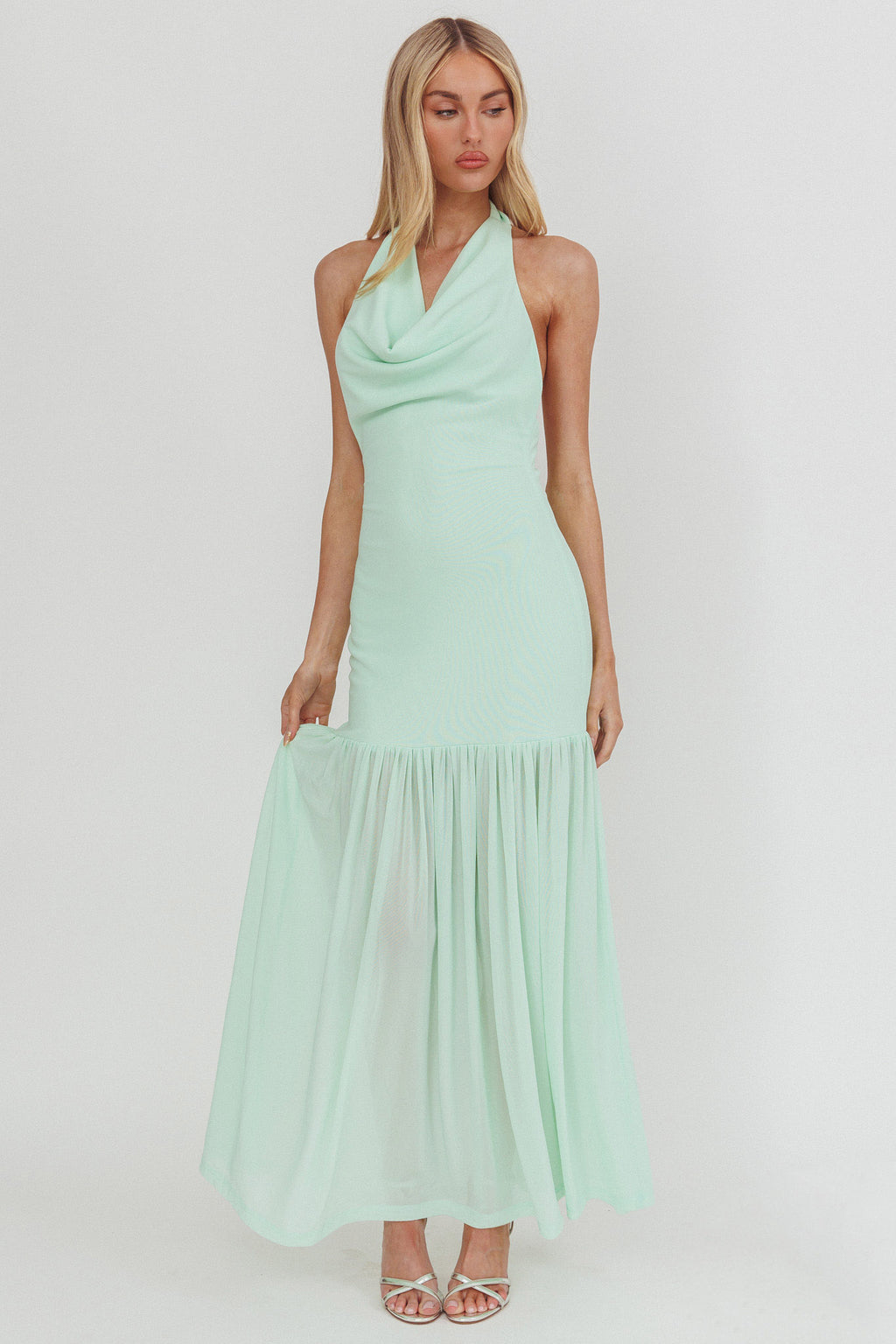 Kailyn Cowl Neck Sheer Hem Maxi Dress Mint by Selfie Leslie