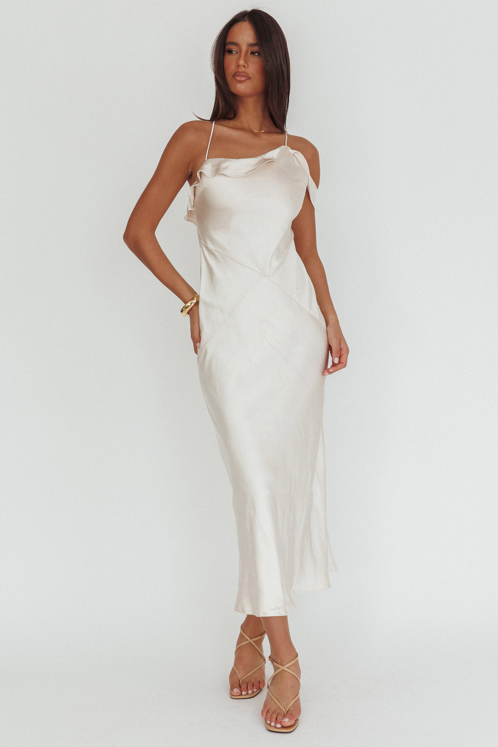 Lexington Draped Shoulder Criss-Cross Back Maxi Dress Oyster by Selfie Leslie