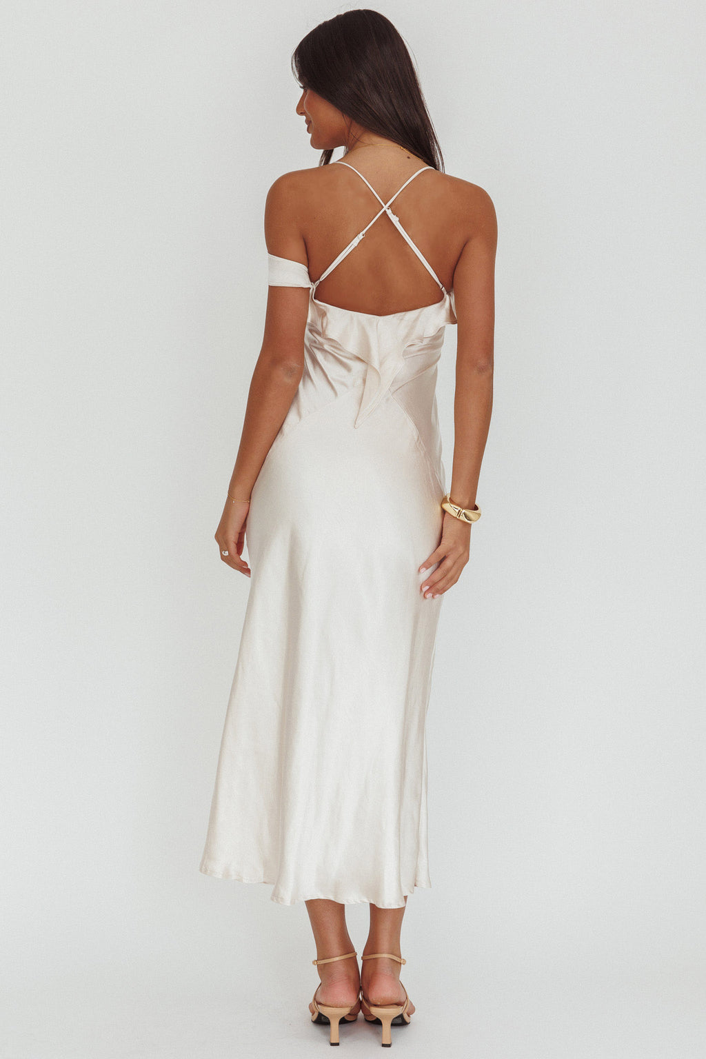 Lexington Draped Shoulder Criss-Cross Back Maxi Dress Oyster by Selfie Leslie
