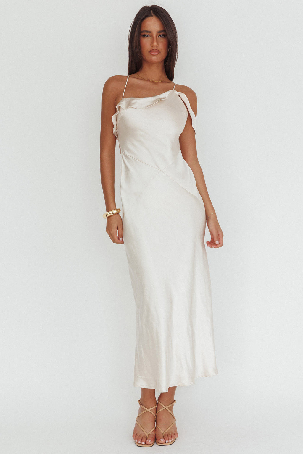 Lexington Draped Shoulder Criss-Cross Back Maxi Dress Oyster– Selfie Leslie