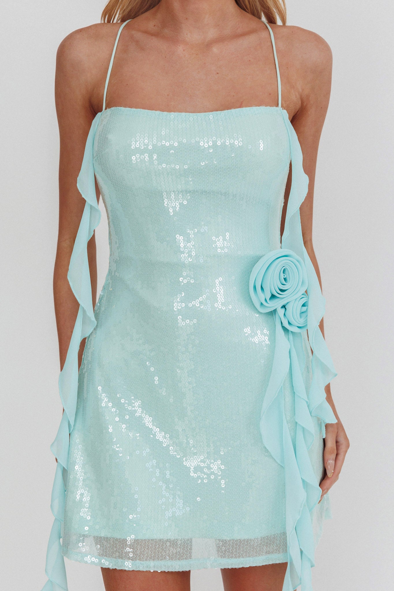 Standing Out Ruffle Rosette Trim Sequin Mini Dress Mint– Selfie Leslie