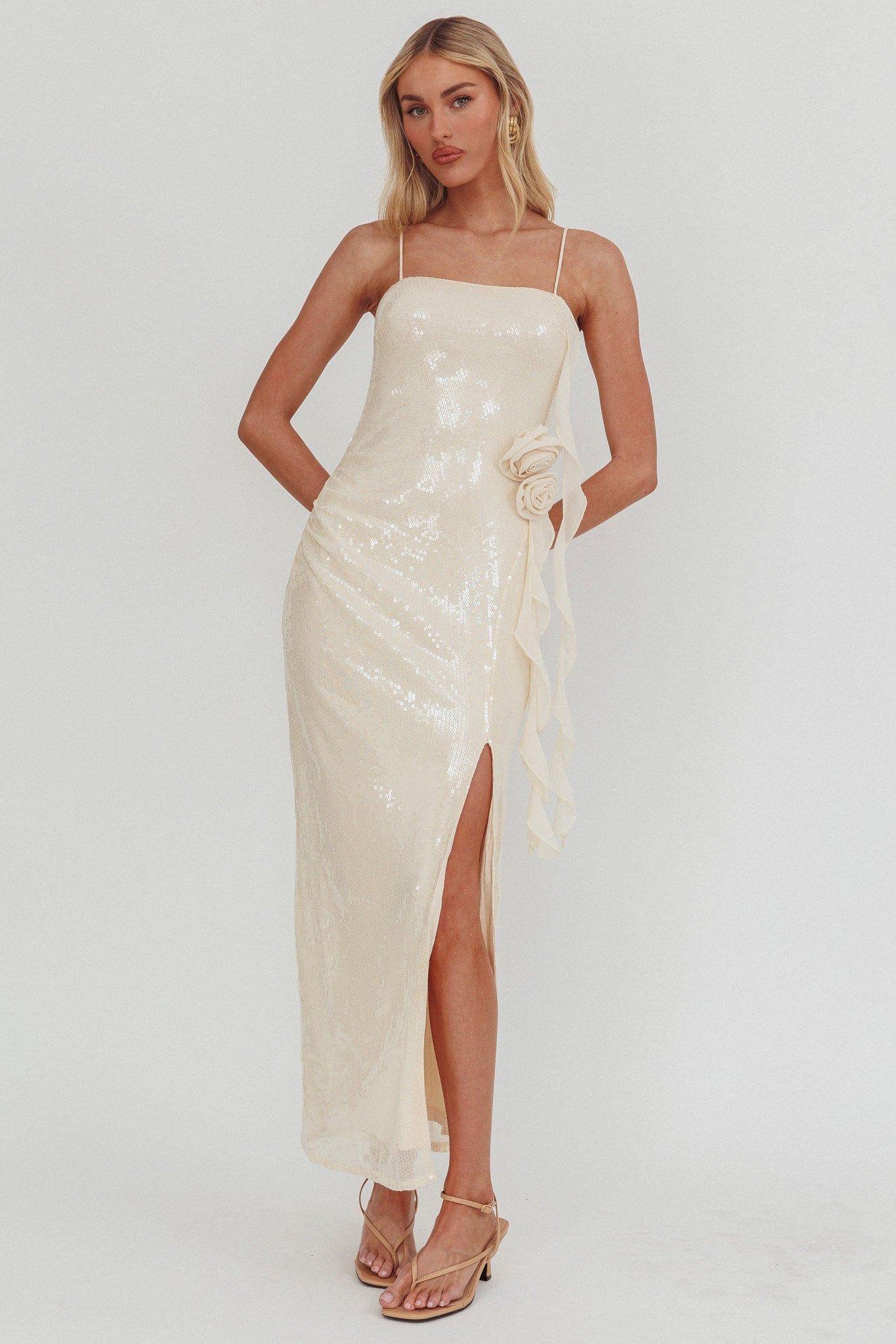 She Glows Cami Strap Sequin Maxi Dress Champagne by Selfie Leslie