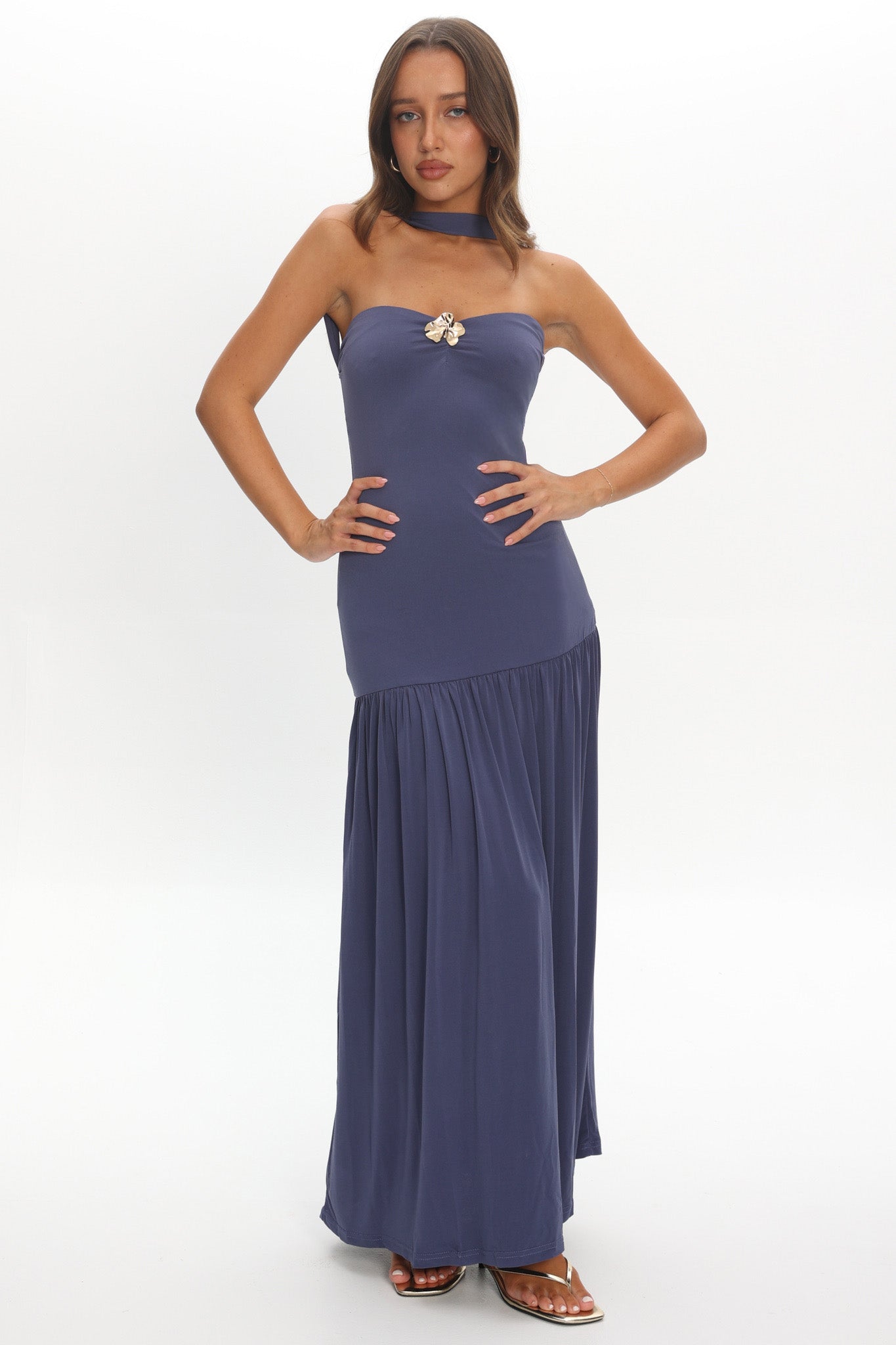 Ashana Drop Waist Halter Maxi Dress Taupe - XL Ashana Drop Waist Halter Maxi Dress Taupe - XL
