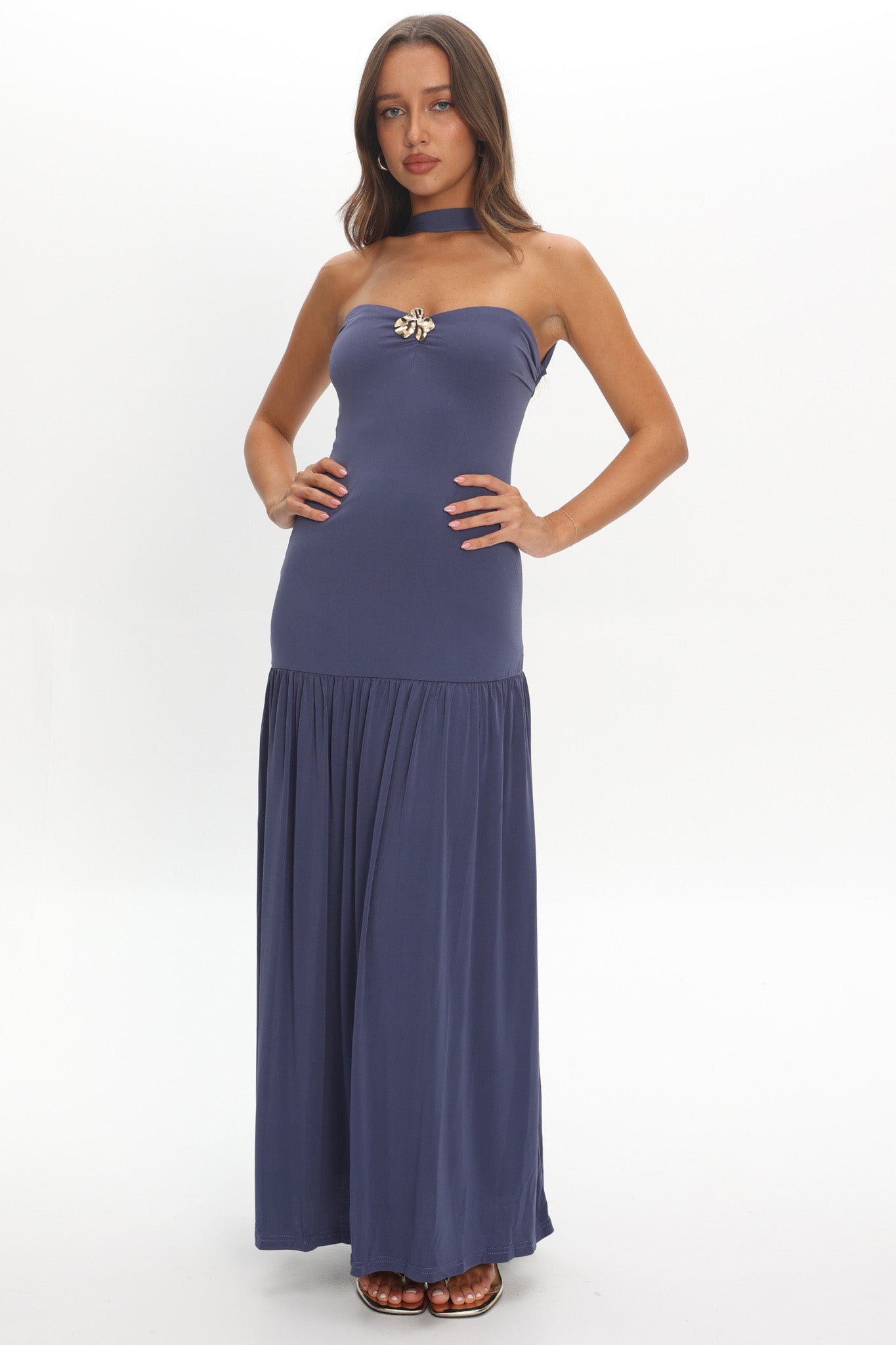 Ashana Drop Waist Halter Maxi Dress Taupe - XL Ashana Drop Waist Halter Maxi Dress Taupe - XL