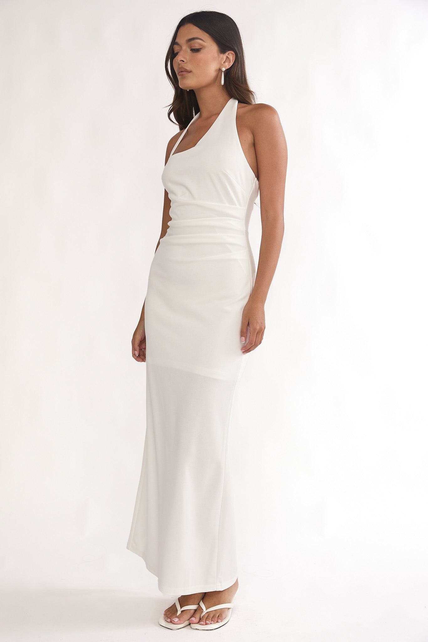 Evenings Asymmetric Halter Maxi Dress White by Selfie Leslie