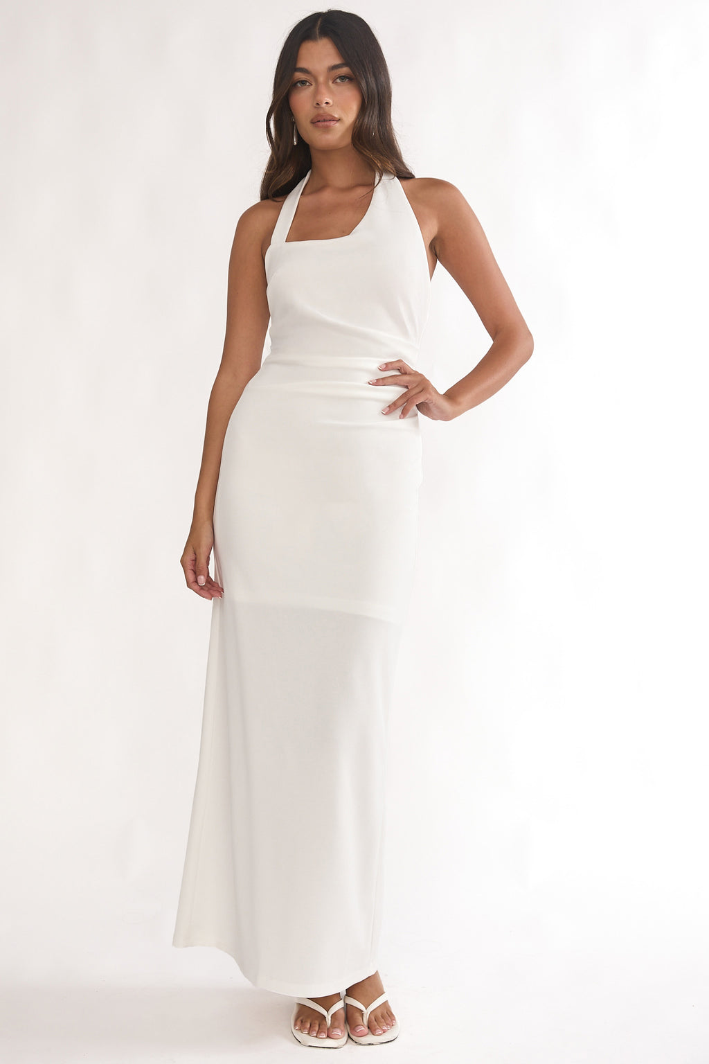 Evenings Asymmetric Halter Maxi Dress White by Selfie Leslie