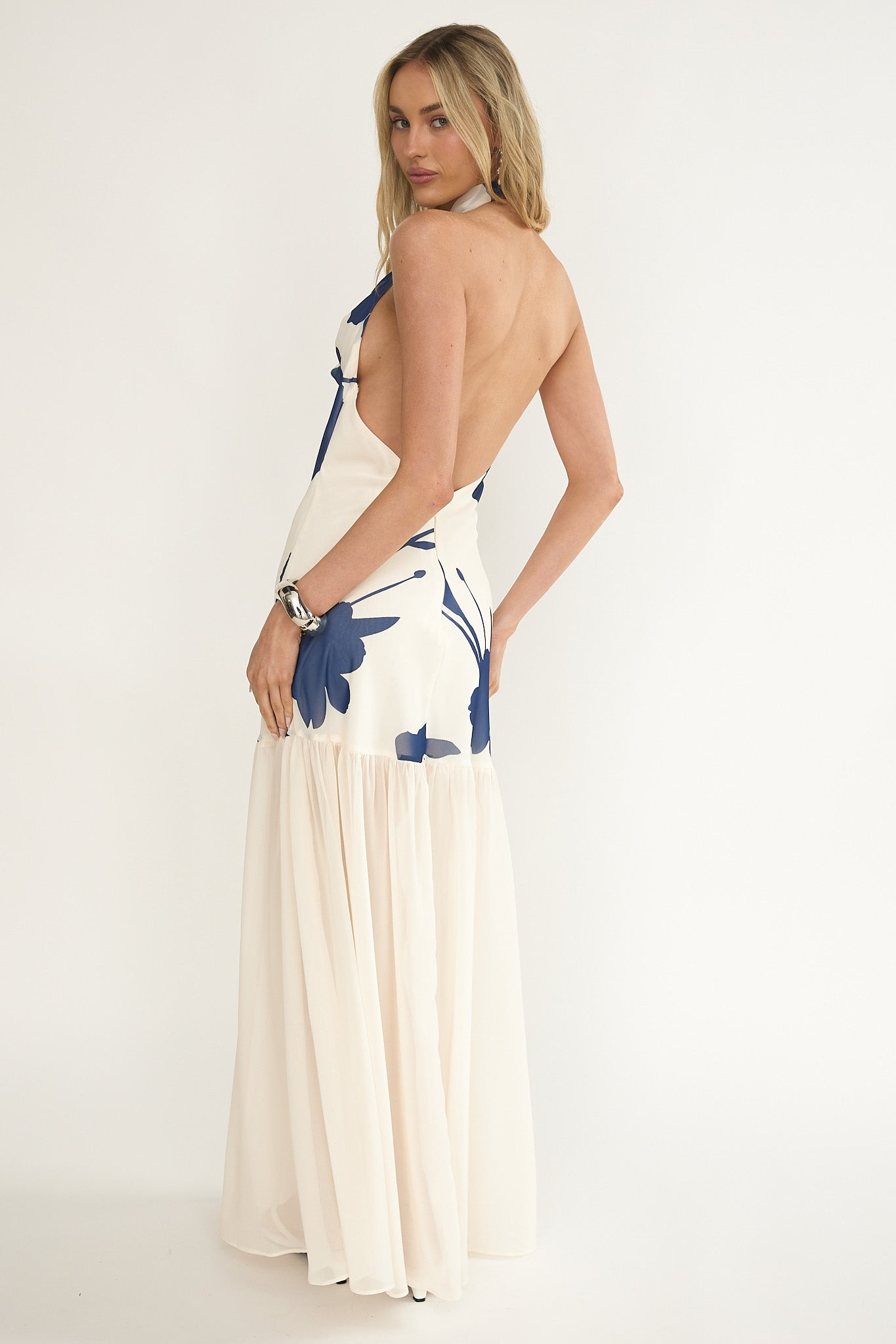 beige halter dress Omaria Cowl Halter Maxi Dress Floral Beige S