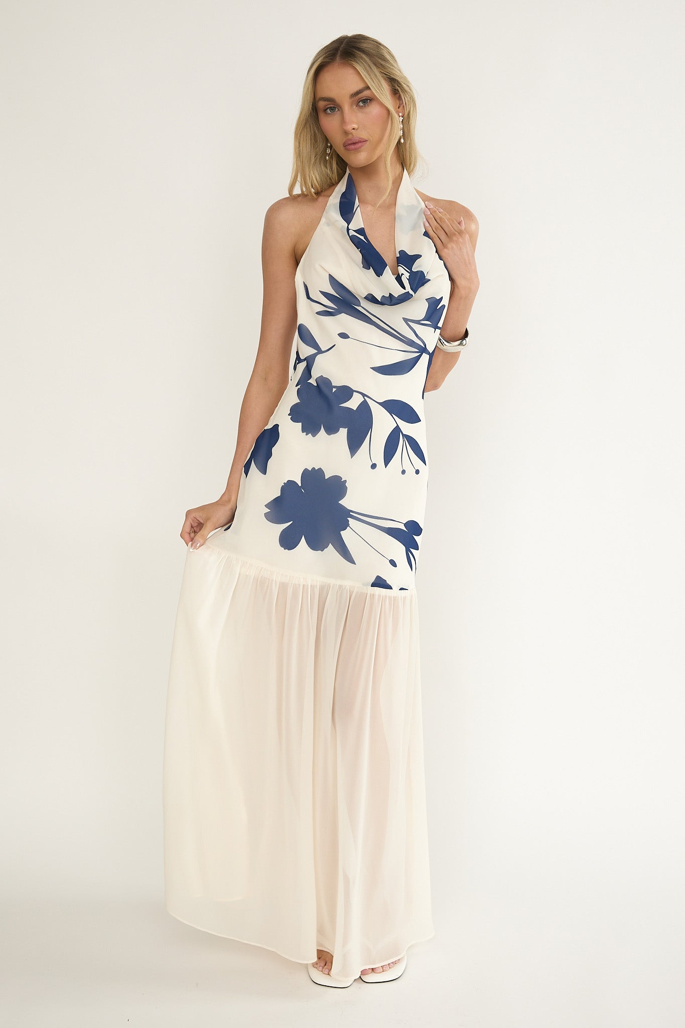 Omaria Cowl Halter Maxi Dress Floral Beige by Selfie Leslie
