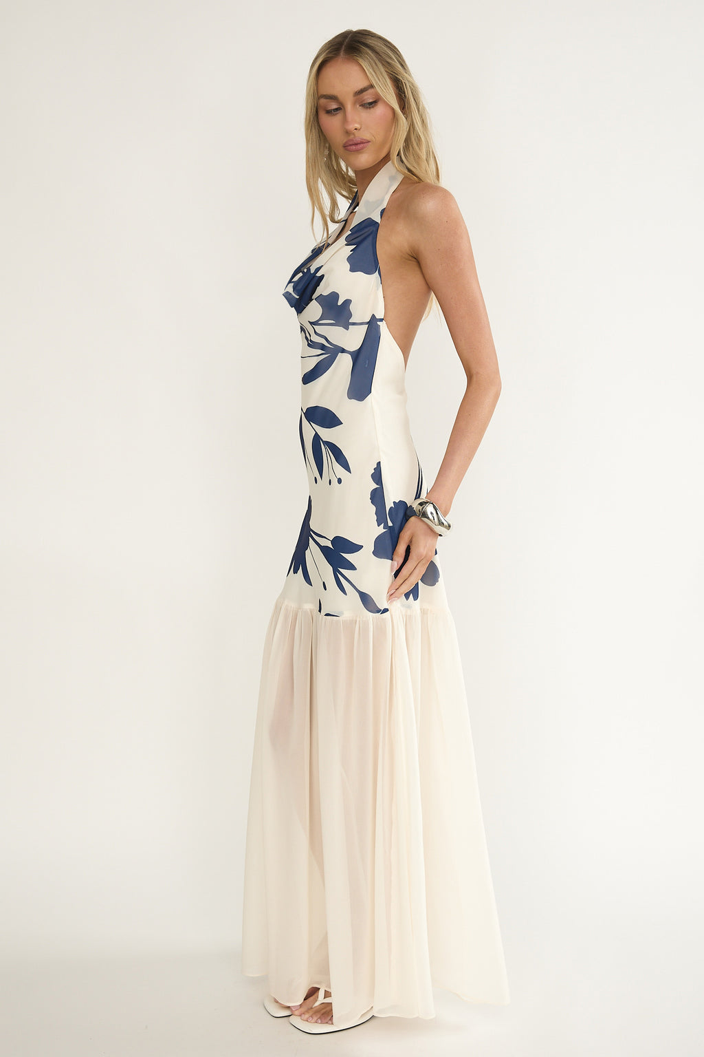 Omaria Cowl Halter Maxi Dress Floral Beige by Selfie Leslie