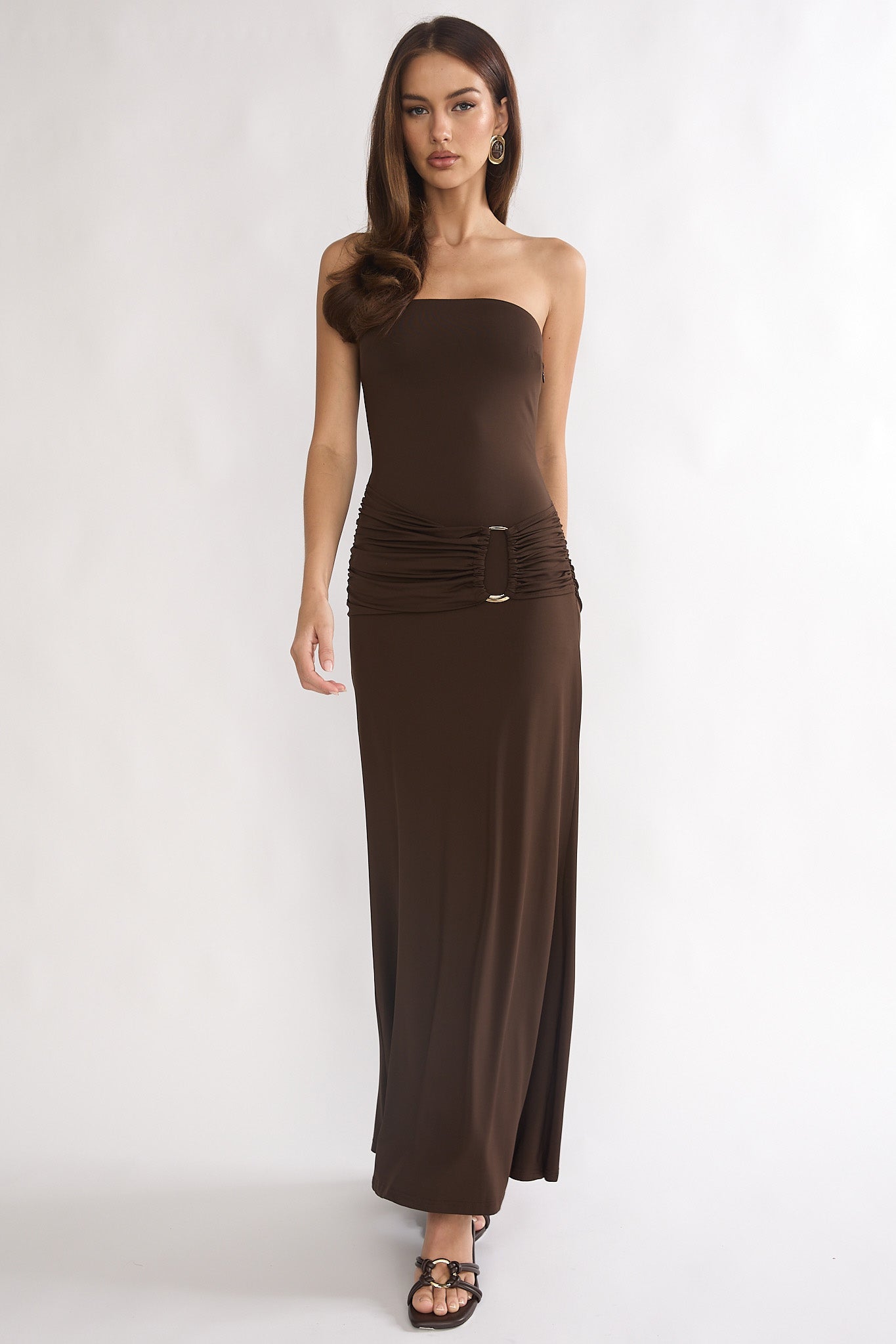 Klaudia Strapless Ruched Waist Maxi Dress Chocolate by Selfie Leslie