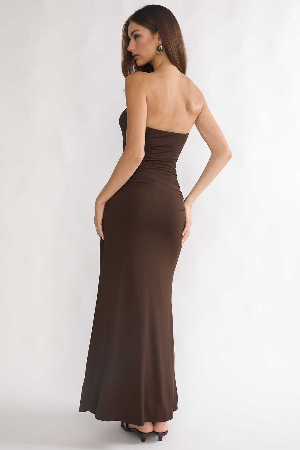 Klaudia Strapless Ruched Waist Maxi Dress Chocolate by Selfie Leslie