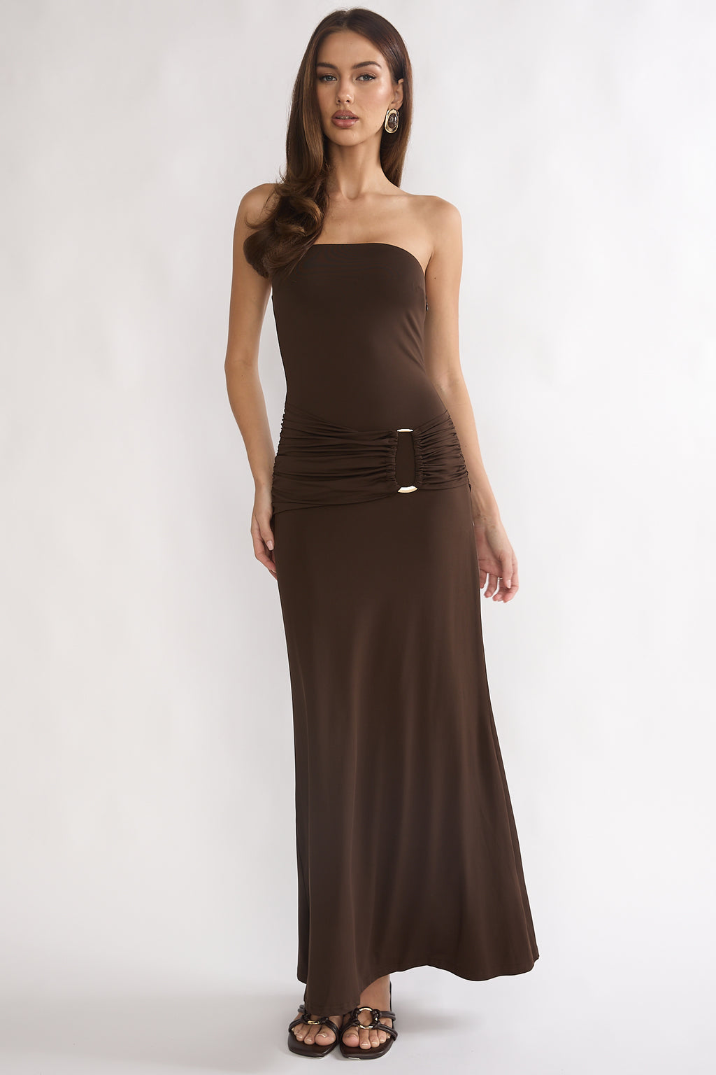 Klaudia Strapless Ruched Waist Maxi Dress Chocolate by Selfie Leslie