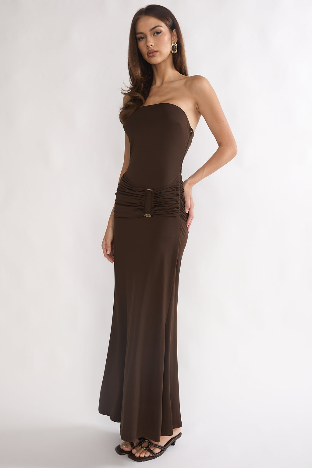 Klaudia Strapless Ruched Waist Maxi Dress Chocolate by Selfie Leslie
