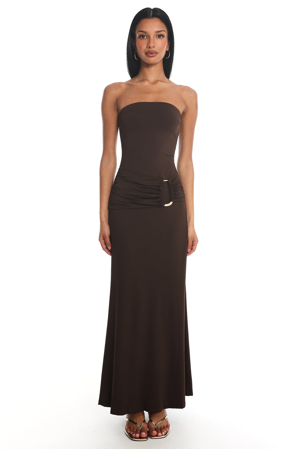 Klaudia Strapless Ruched Waist Maxi Dress Chocolate by Selfie Leslie