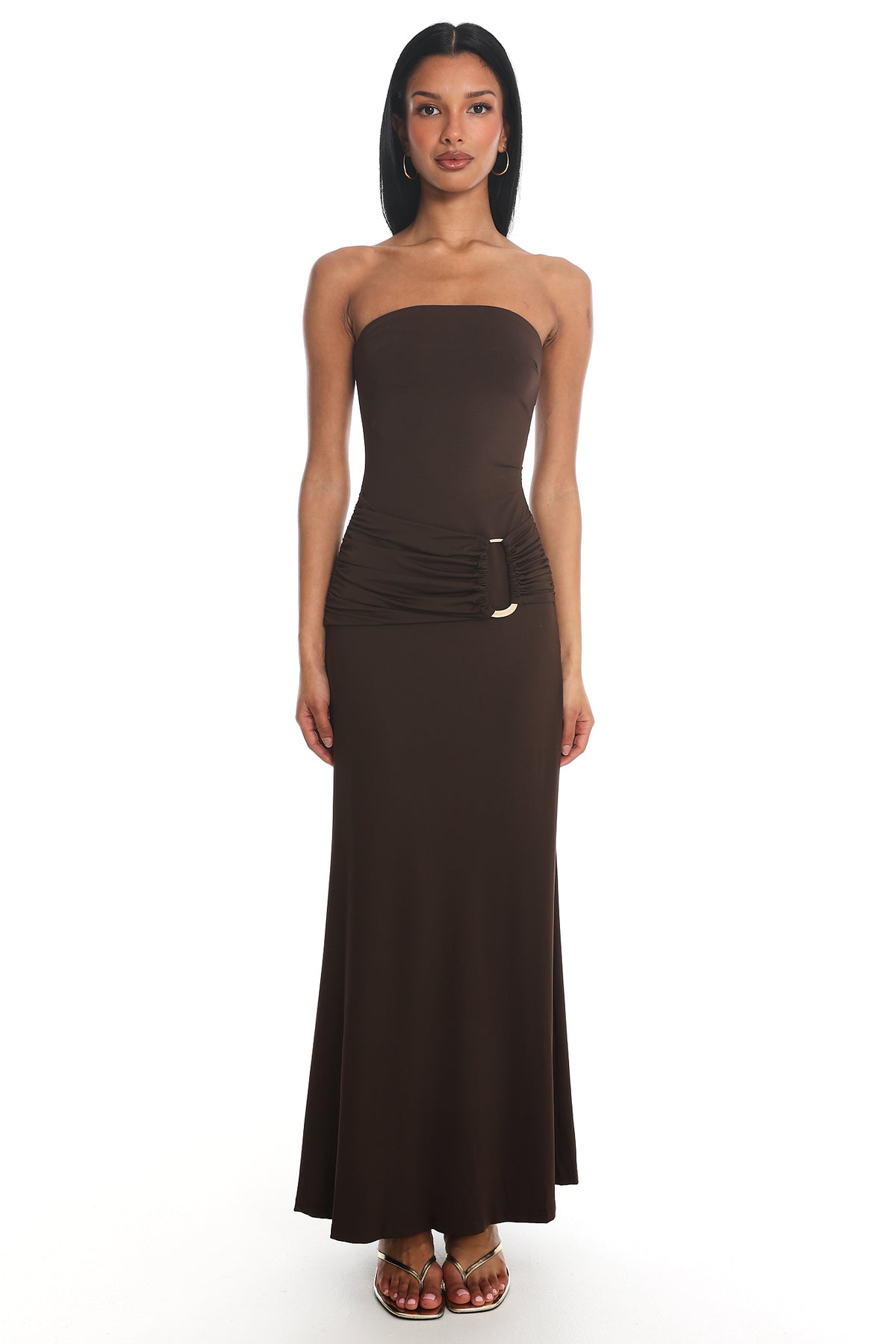 Klaudia Strapless Ruched Waist Maxi Dress Chocolate by Selfie Leslie