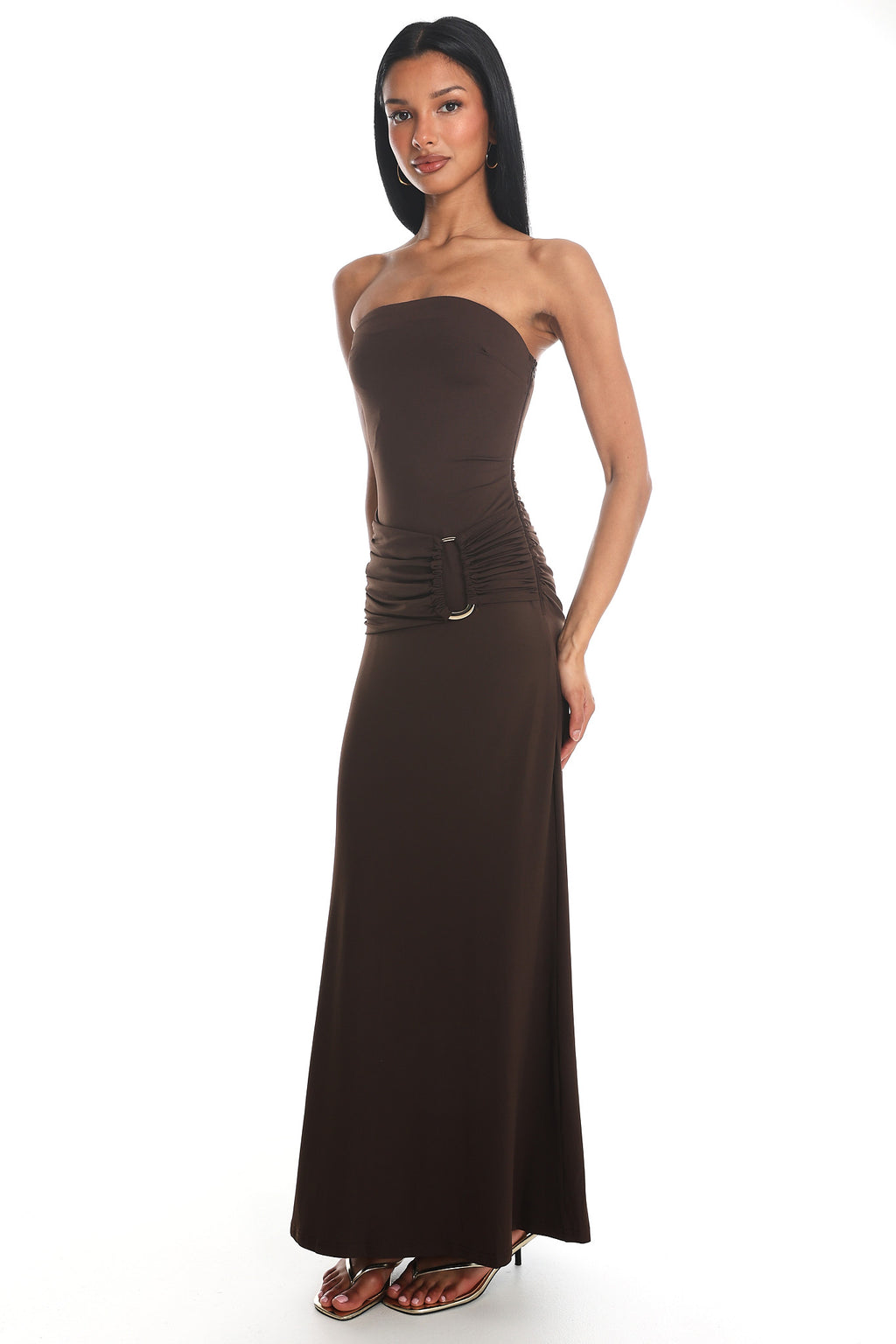 Klaudia Strapless Ruched Waist Maxi Dress Chocolate by Selfie Leslie