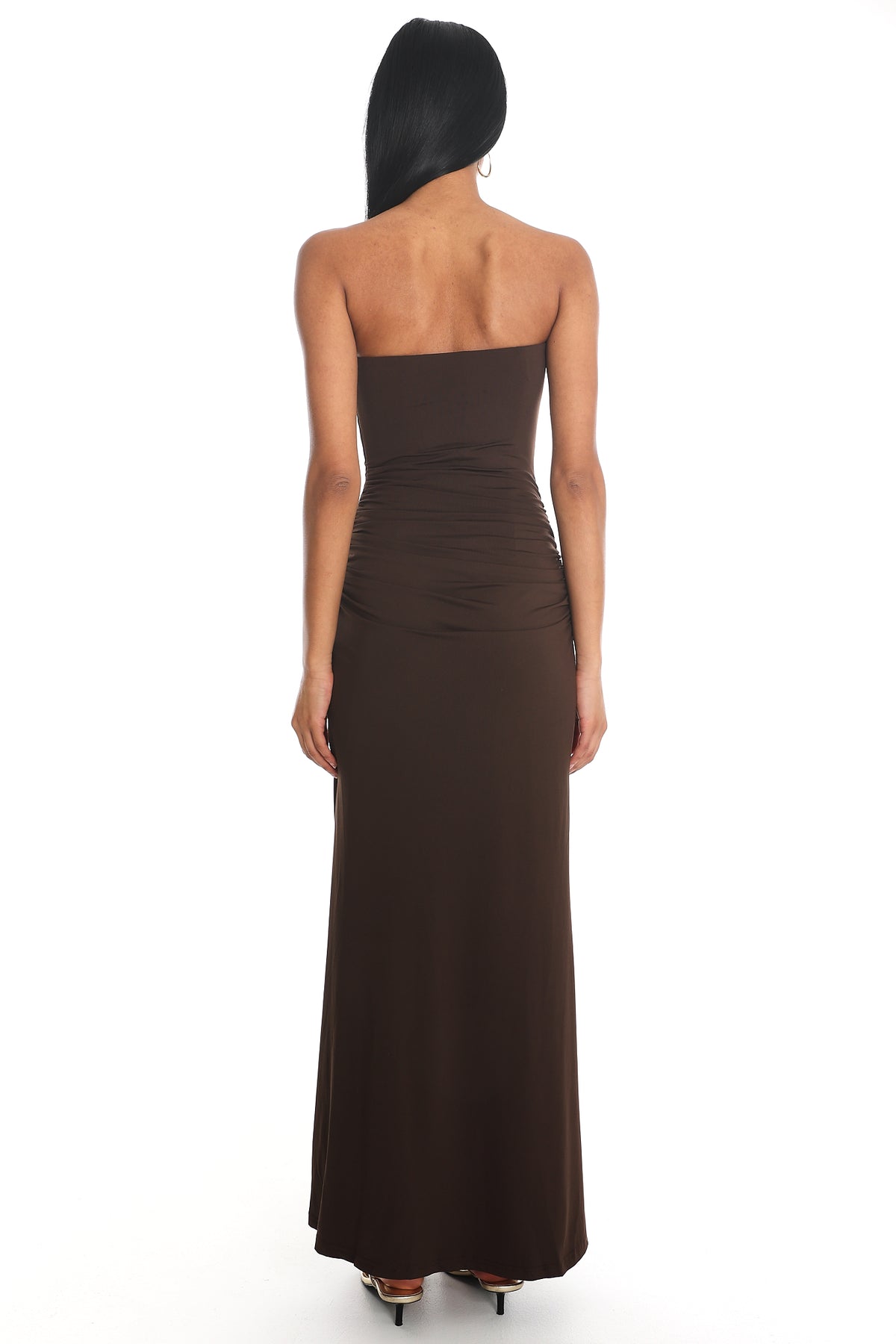 Klaudia Strapless Ruched Waist Maxi Dress Chocolate by Selfie Leslie