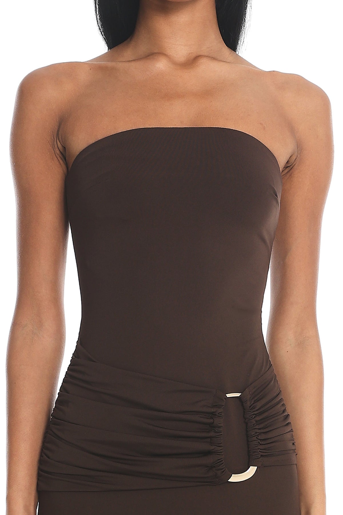 Klaudia Strapless Ruched Waist Maxi Dress Chocolate by Selfie Leslie