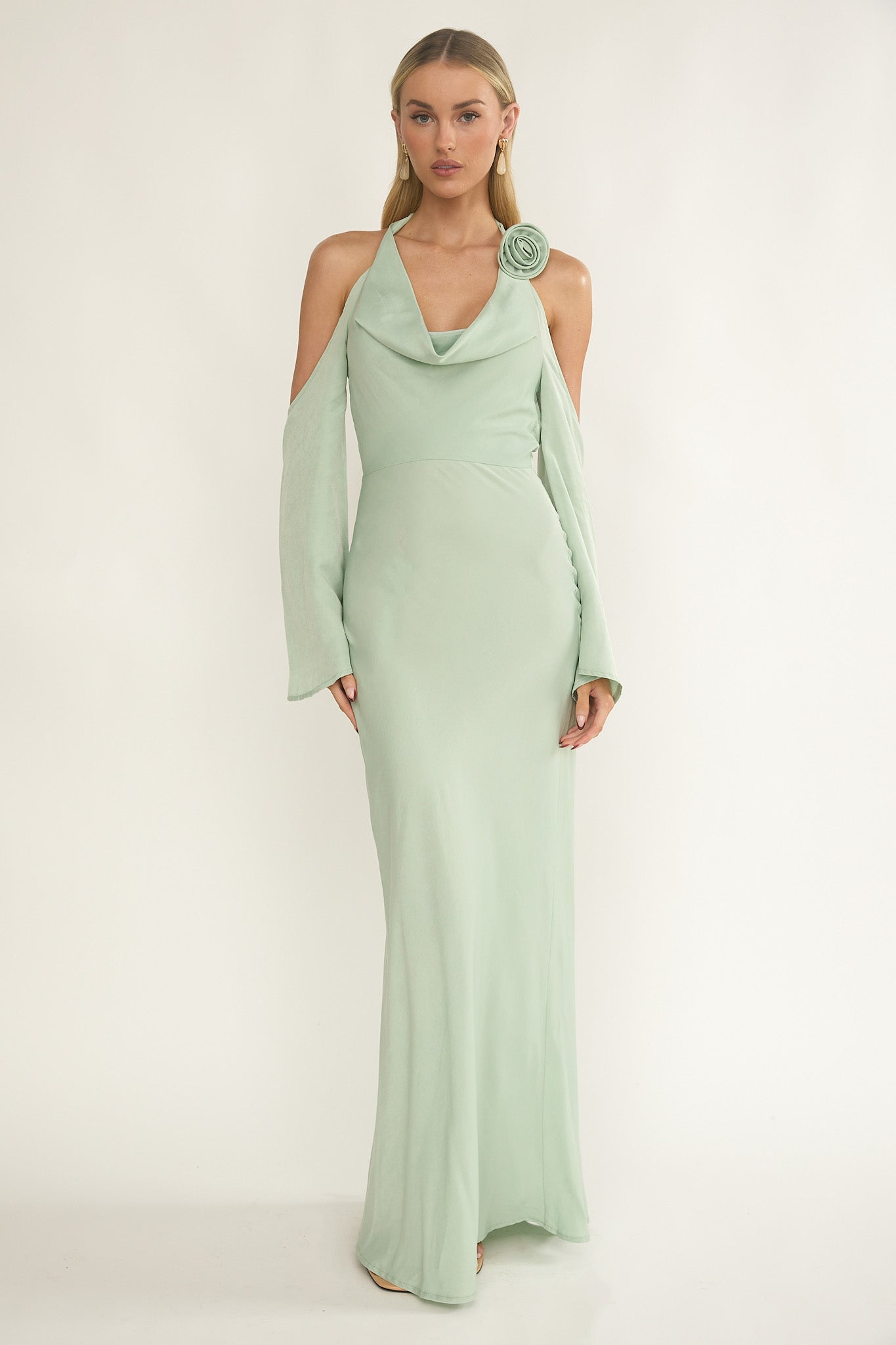 Solenne Cowl Neck Cold Shoulder Maxi Dress Sage by Selfie Leslie