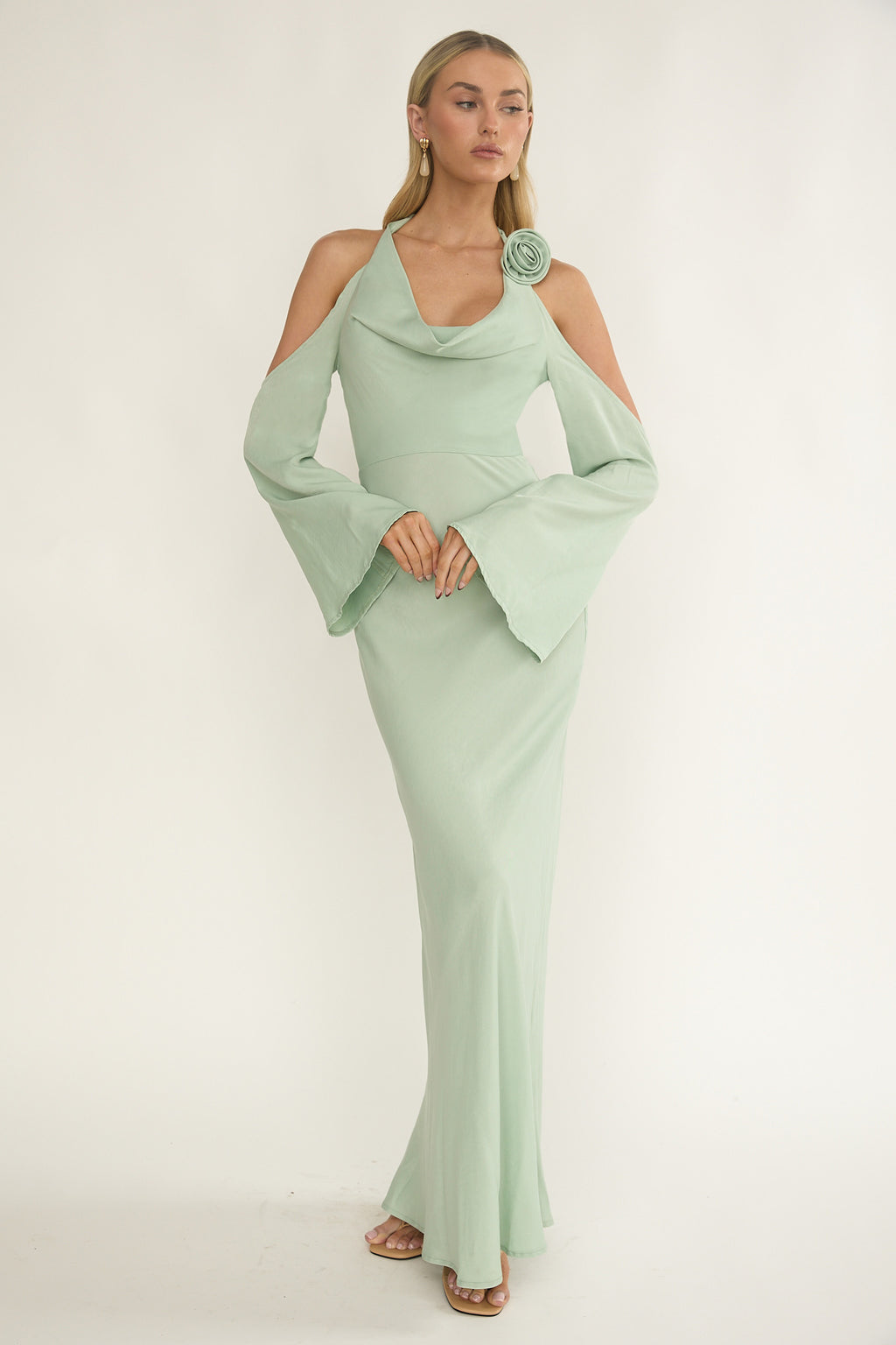 Solenne Cowl Neck Cold Shoulder Maxi Dress Sage by Selfie Leslie