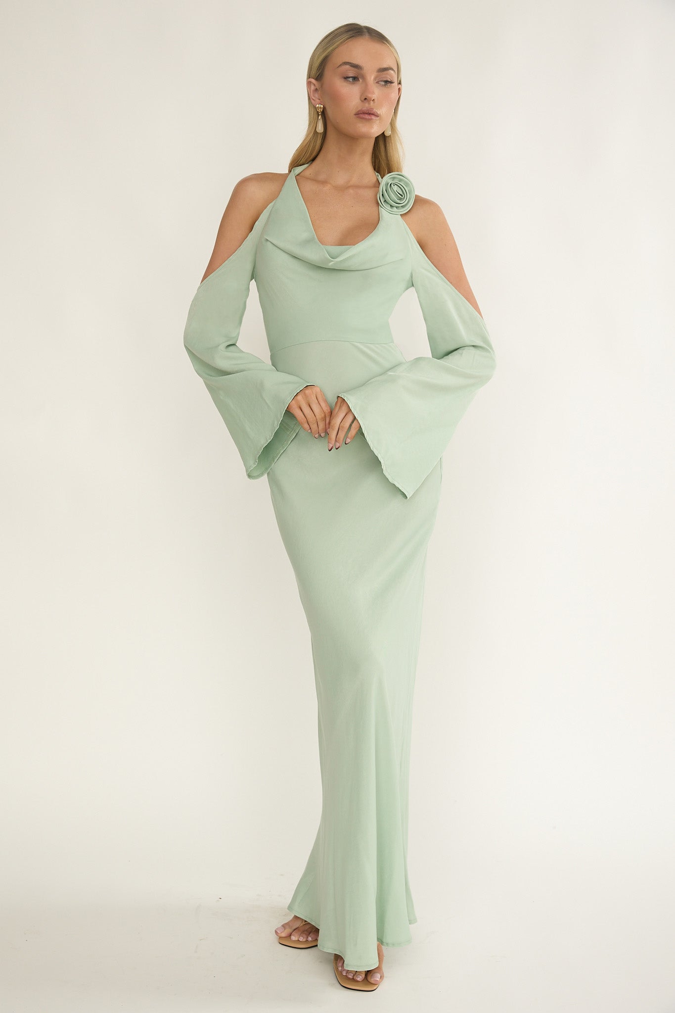 Solenne Cowl Neck Cold Shoulder Maxi Dress Sage by Selfie Leslie