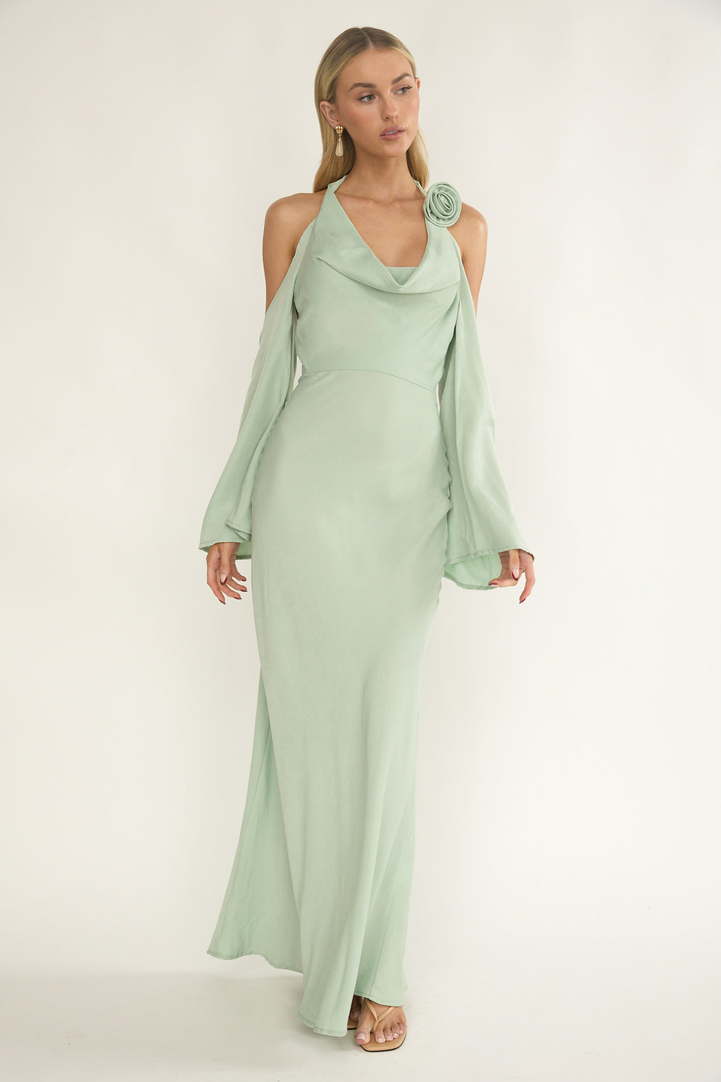 Solenne Cowl Neck Cold Shoulder Maxi Dress Sage by Selfie Leslie