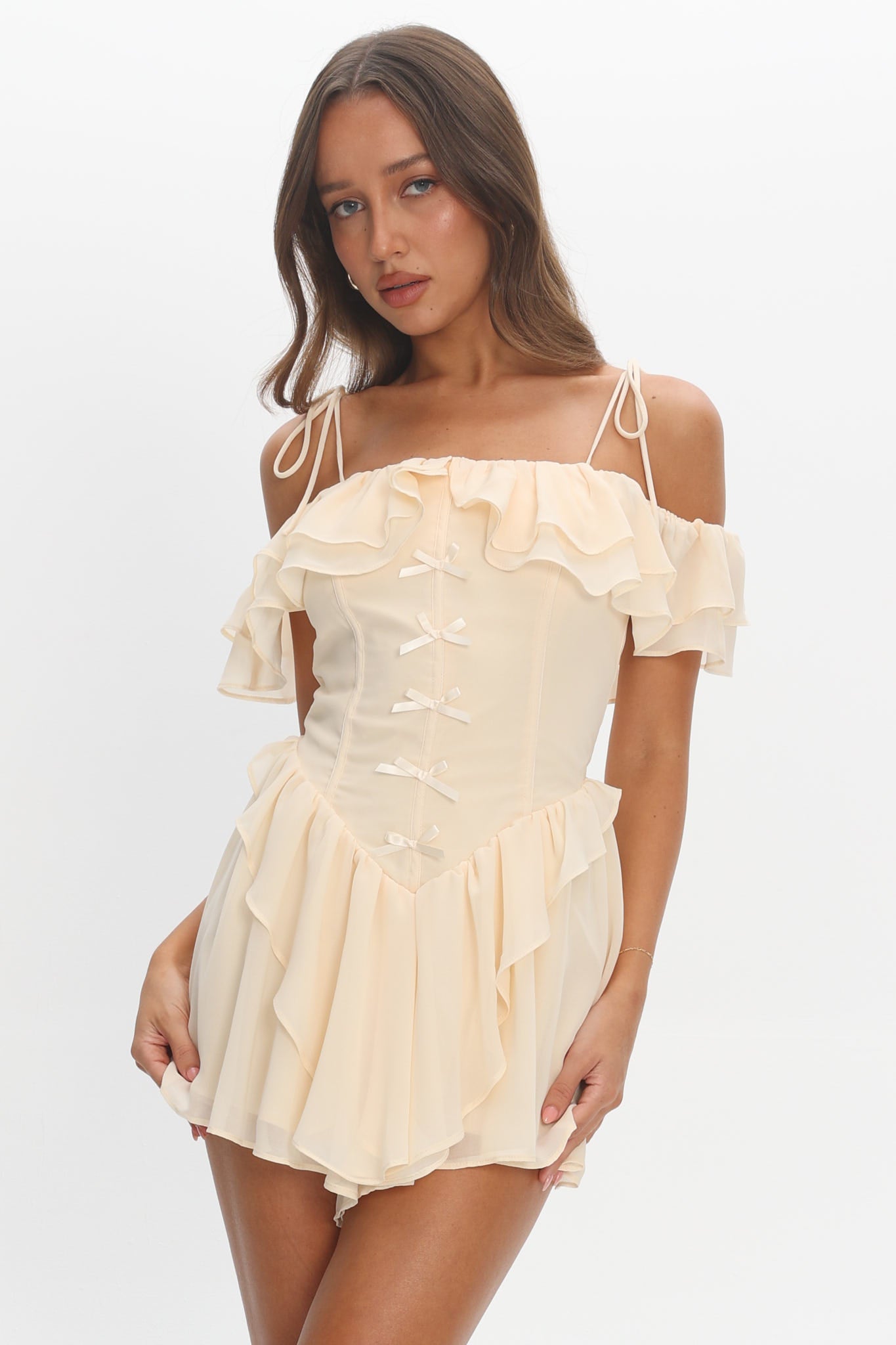 Scarlet Off-Shoulder Ruffle Romper Dress Butter
