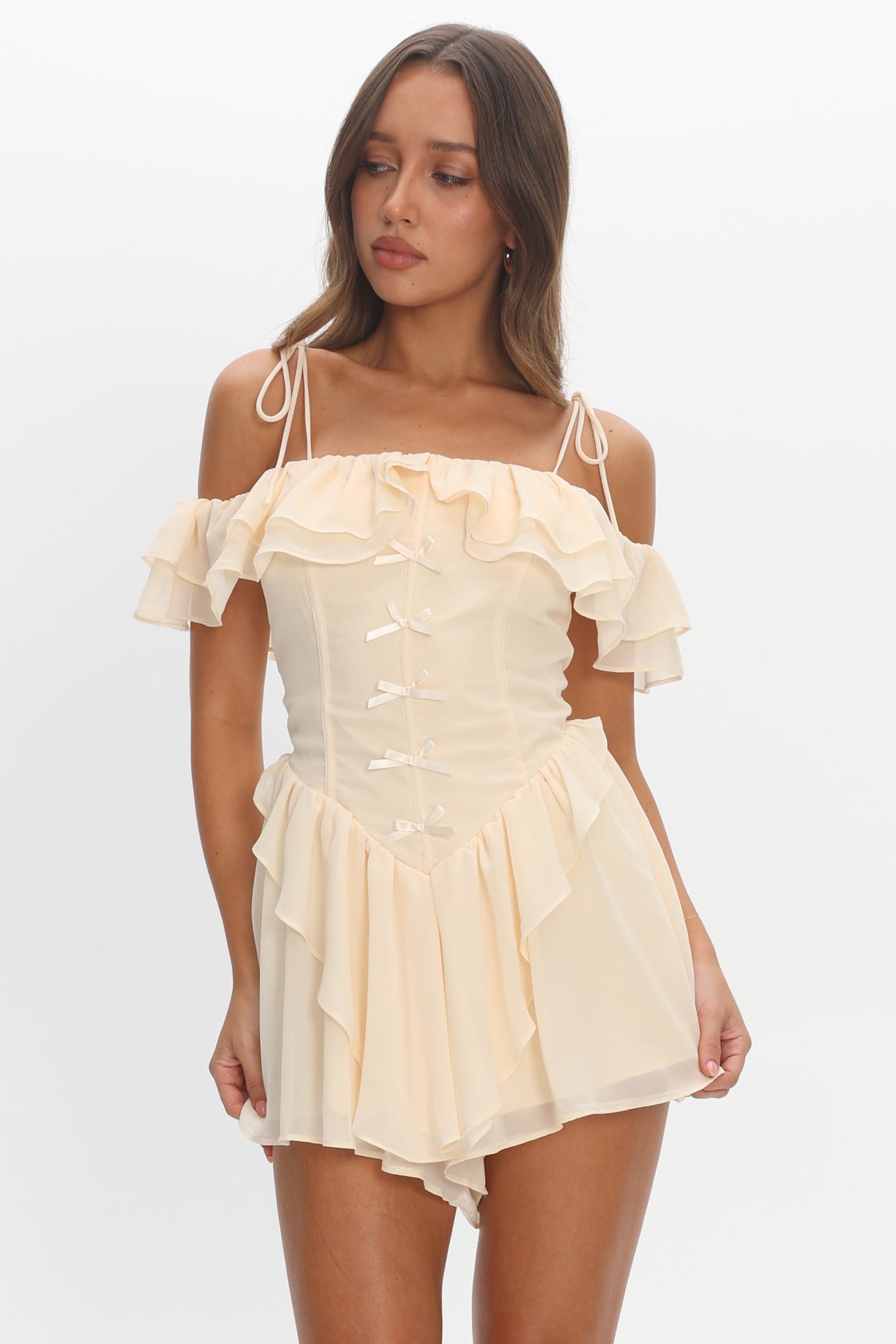 Scarlet Off-Shoulder Ruffle Romper Dress Butter