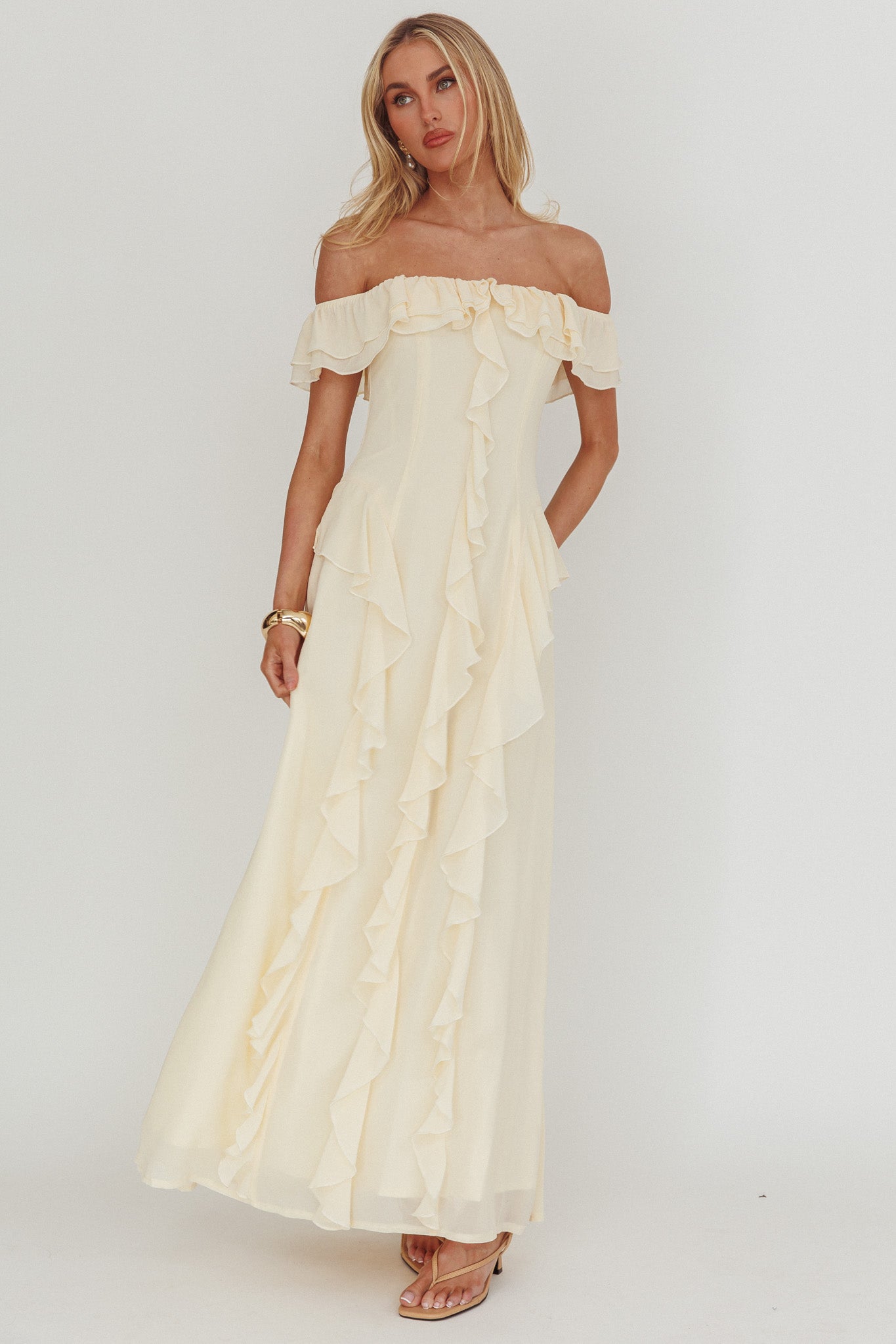 Shop the Scarlet Off-Shoulder Ruffle Trim Maxi Dress Butter