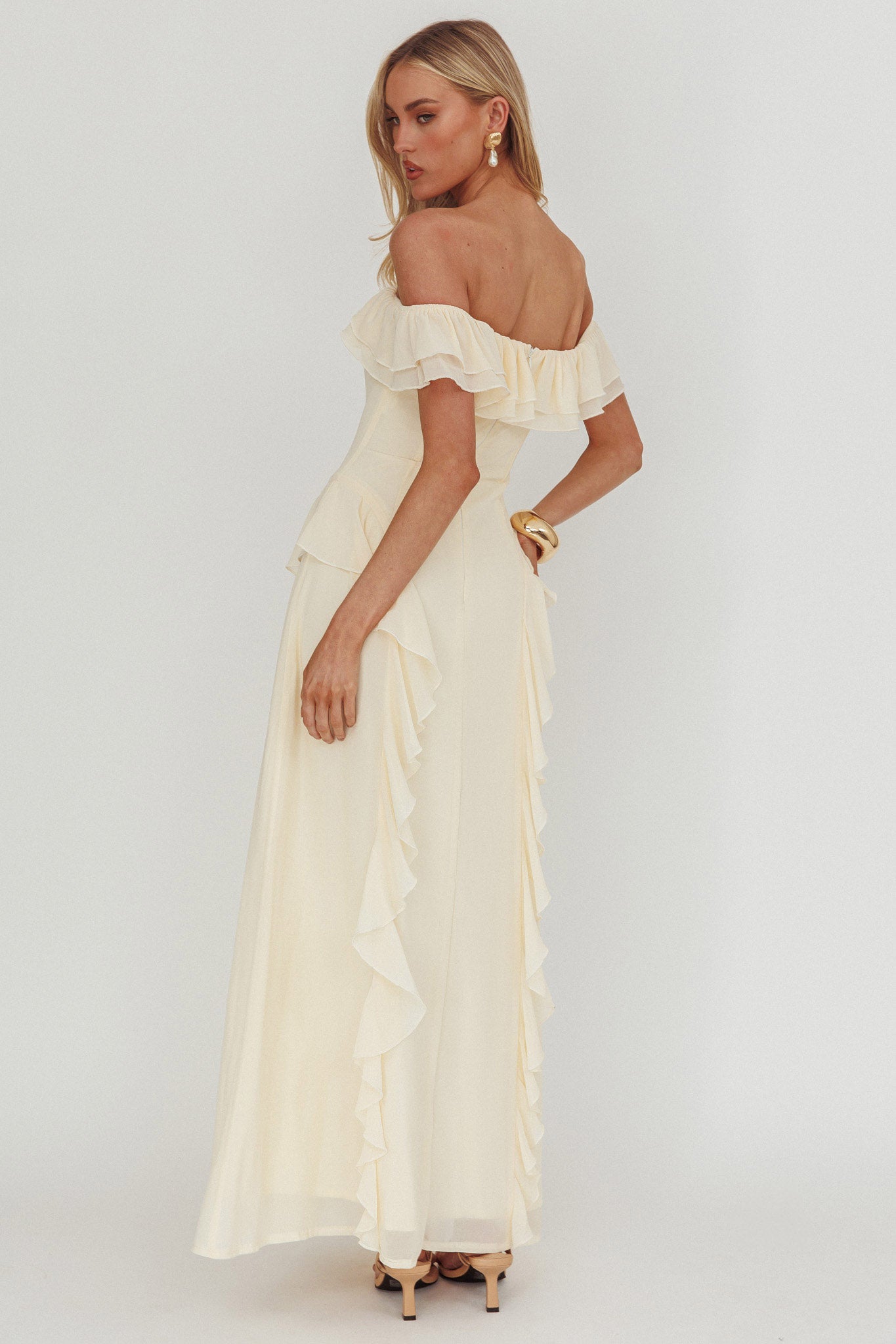 Scarlet Off-Shoulder Ruffle Trim Maxi Dress Butter Scarlet Off-Shoulder Ruffle Trim Maxi Dress Butter