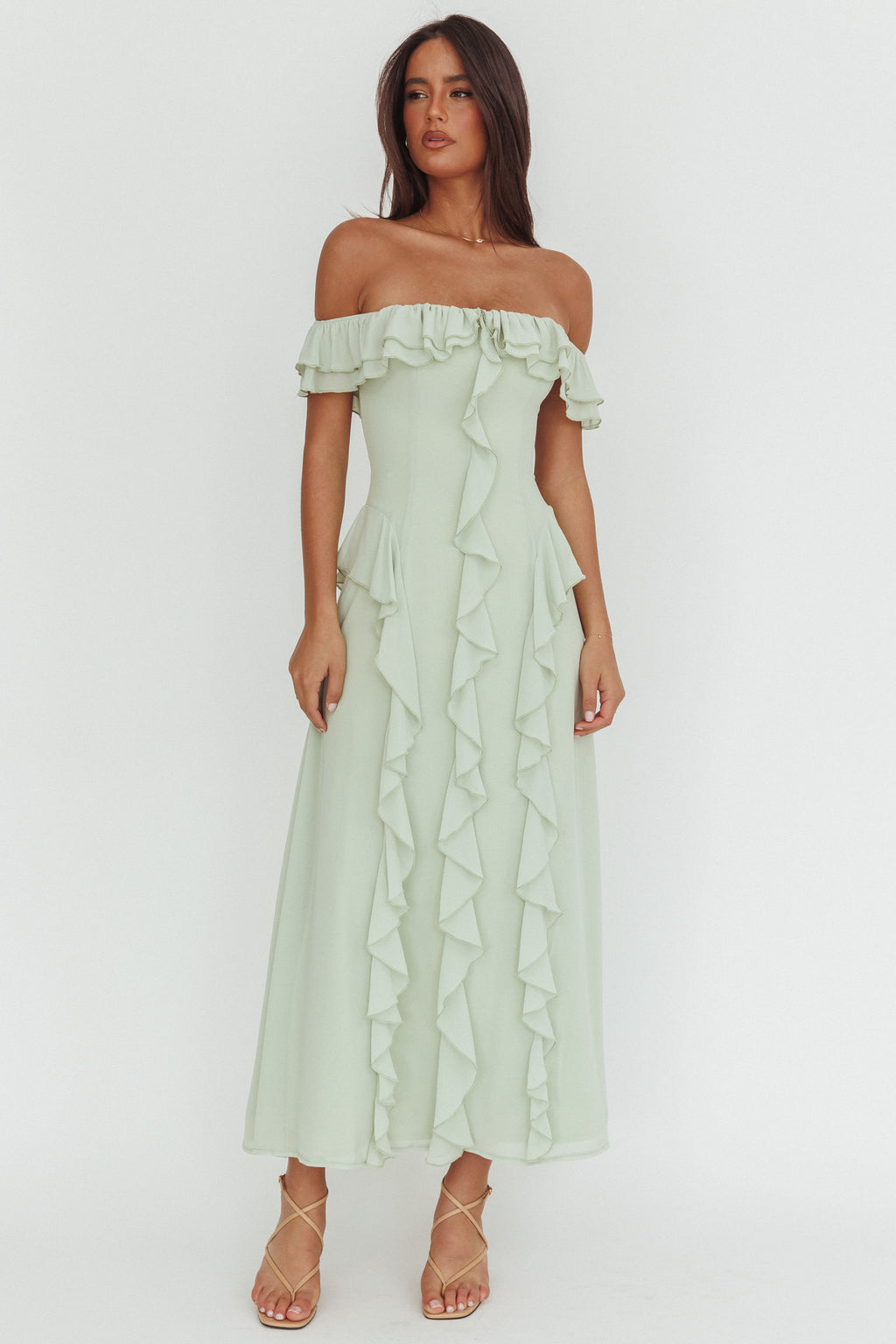 Scarlet Off-Shoulder Ruffle Trim Maxi Dress Sage by Selfie Leslie