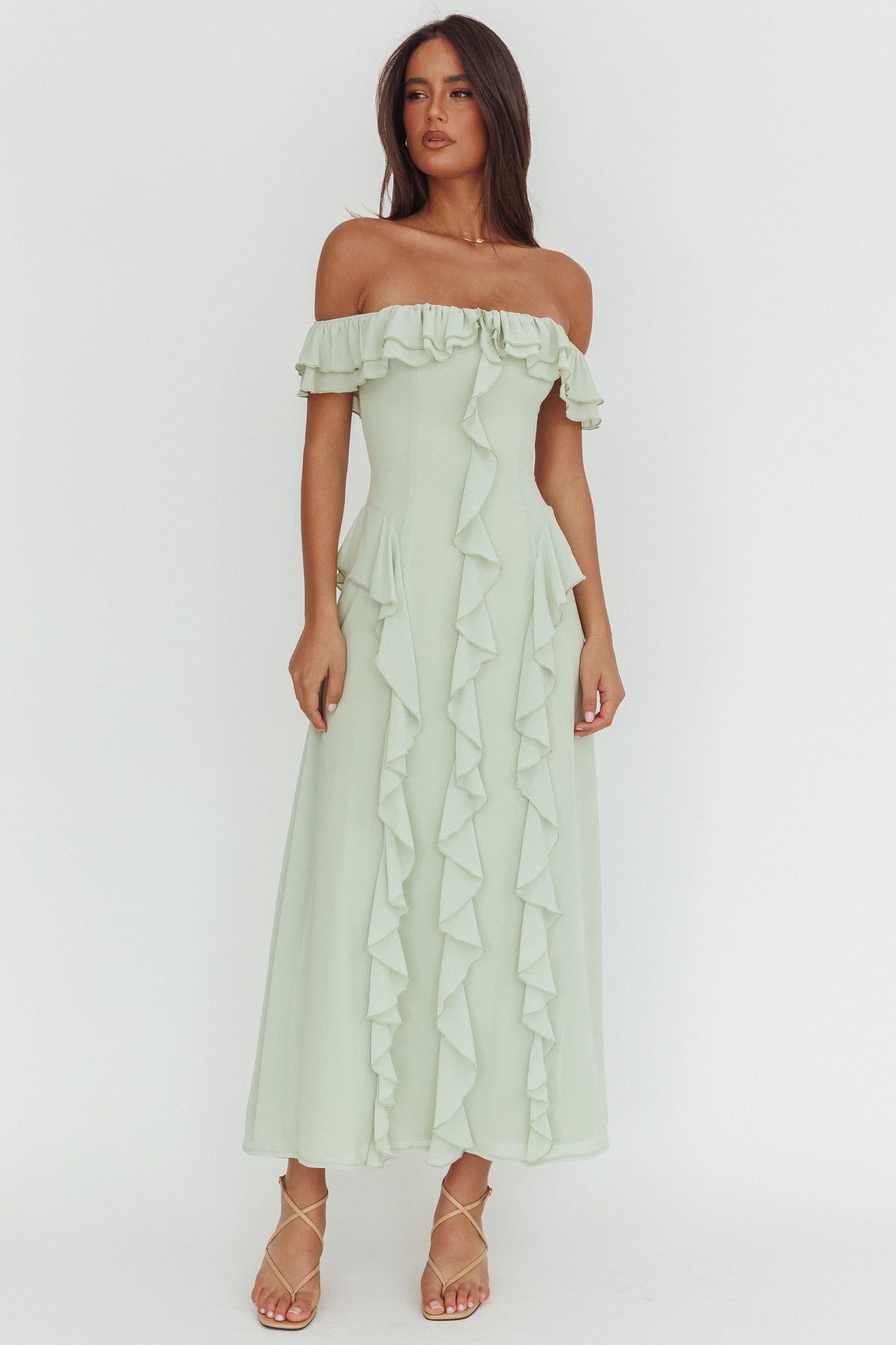 Scarlet Off-Shoulder Ruffle Trim Maxi Dress Sage by Selfie Leslie