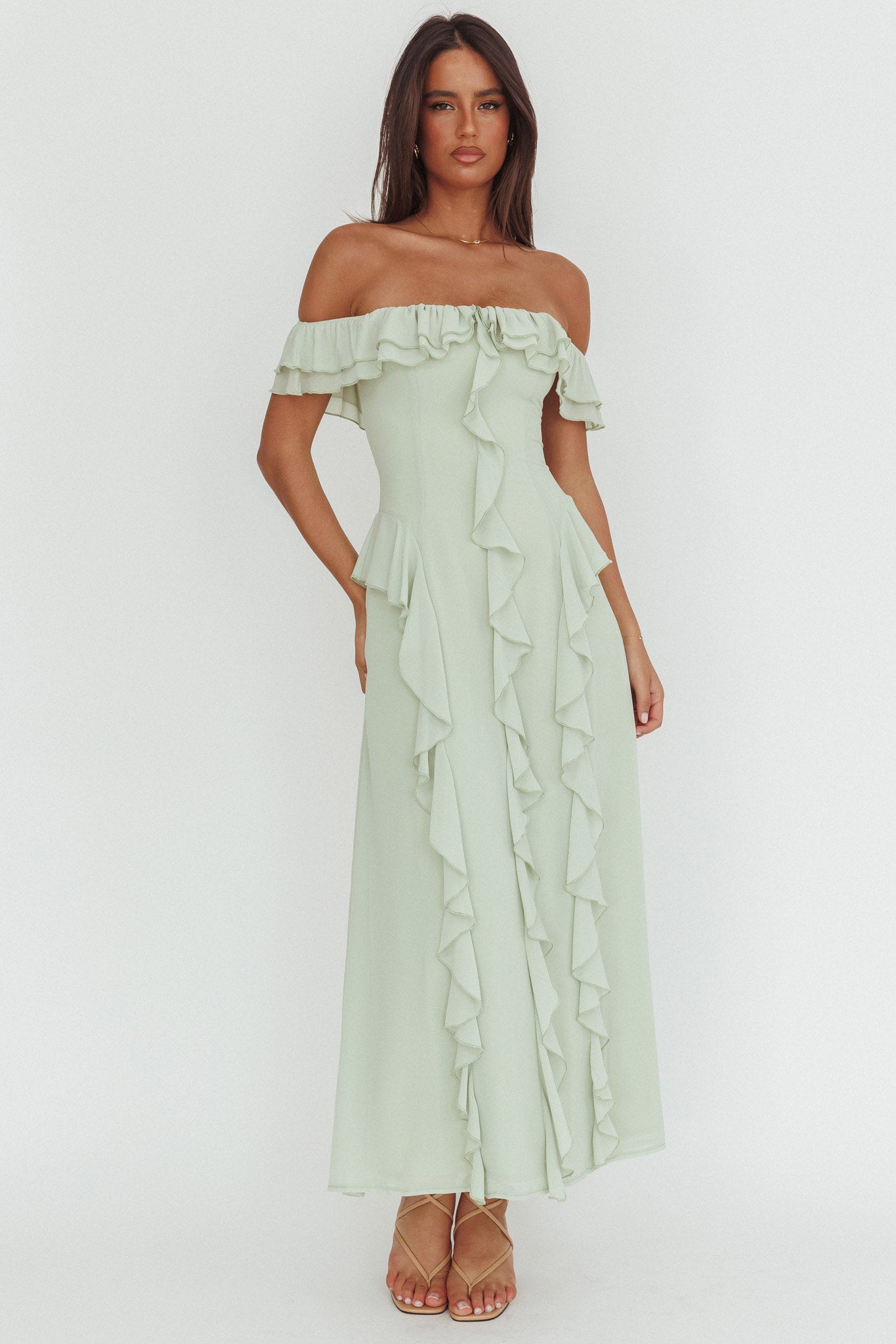 sage off shoulder dress under $100 Green Chiffon The Tiered Ruffle Bridesmaid 260 SposaDresses evening party or any other occasions Ella Sage Off Shoulder Formal