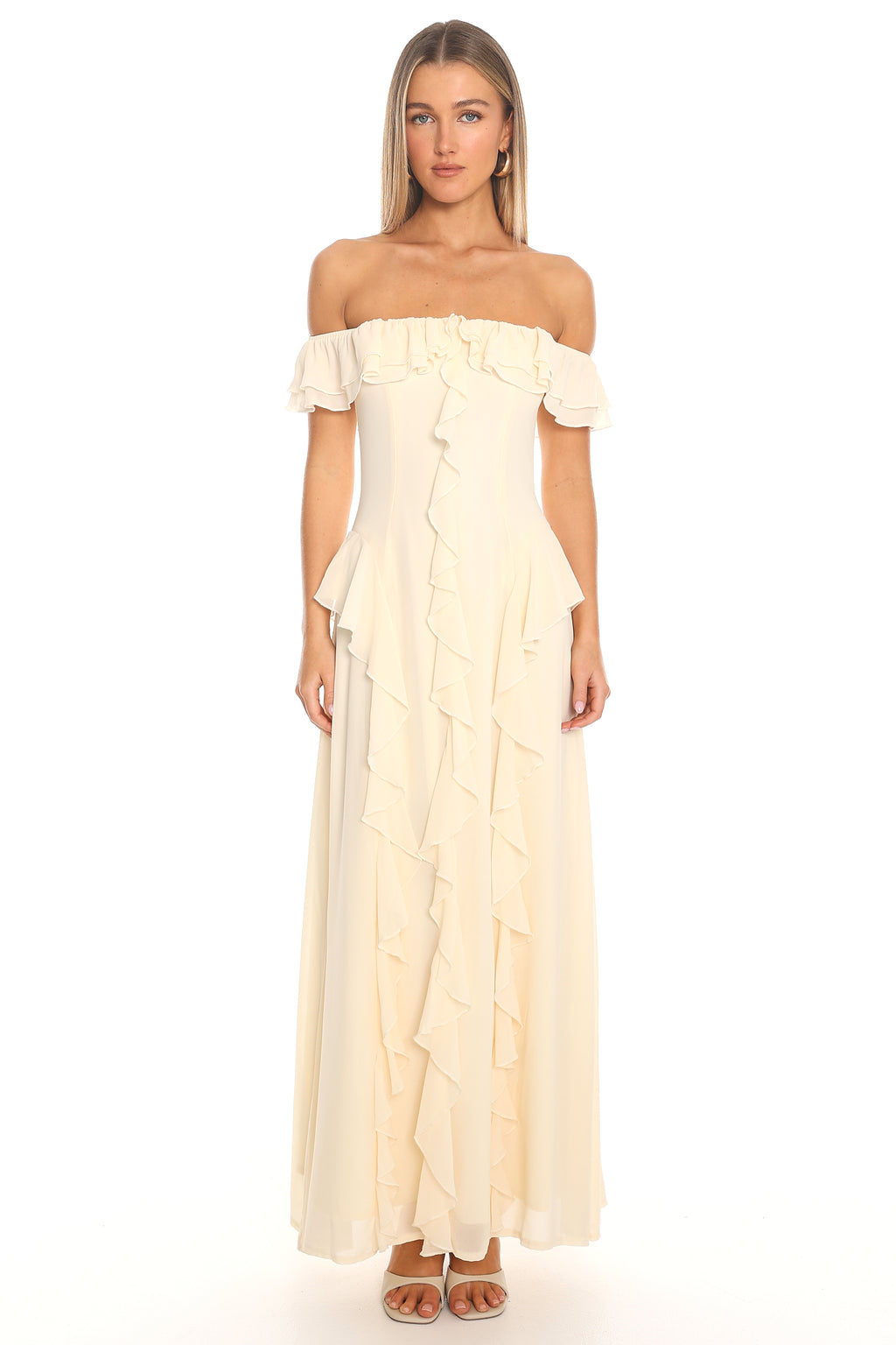 Scarlet Off-Shoulder Ruffle Trim Maxi Dress Butter