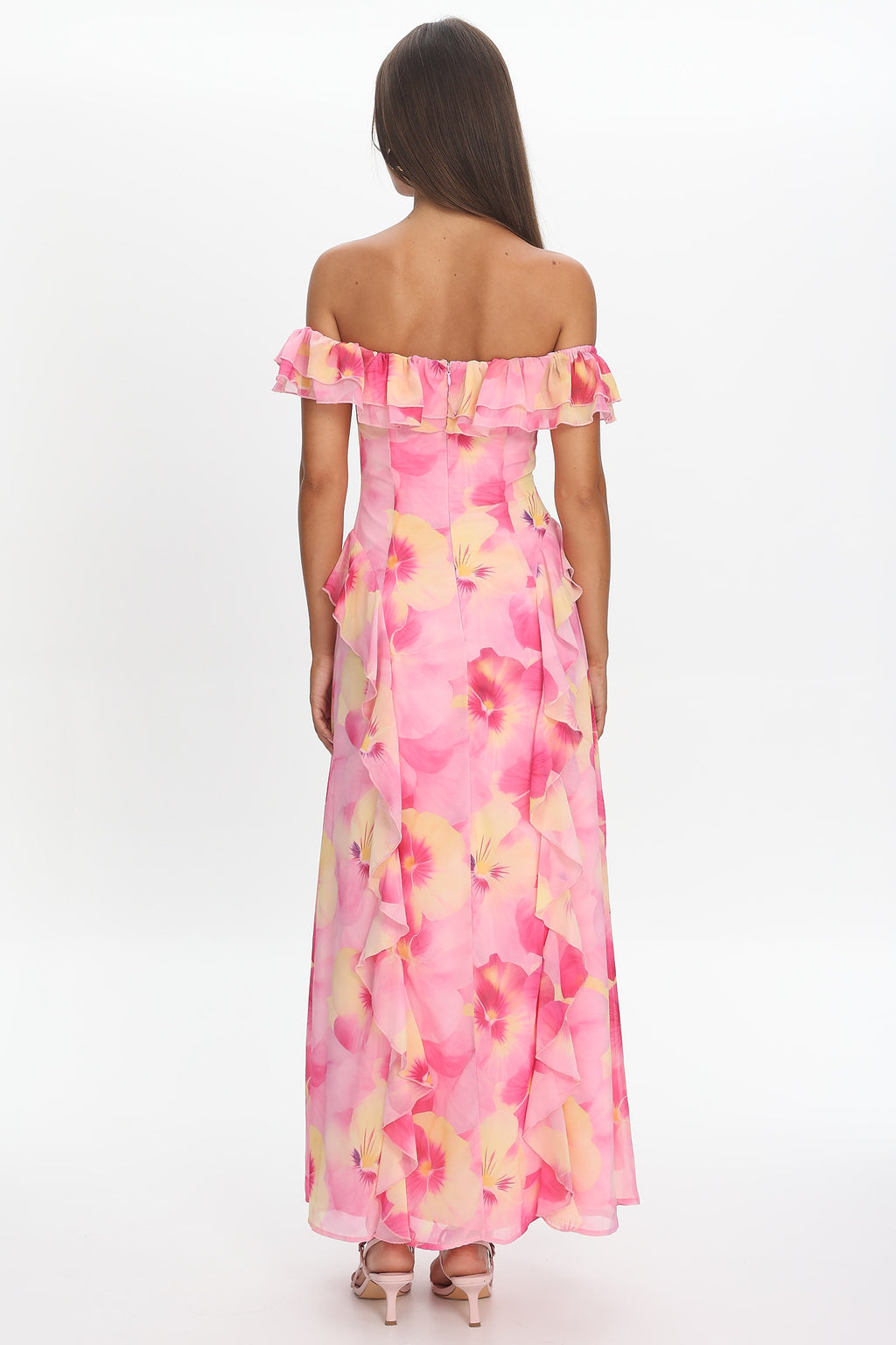 Pink Print Ruffle Trim Robe Scarlet Off-Shoulder Ruffle Trim Maxi Dress Print Pink | Selfie Leslie