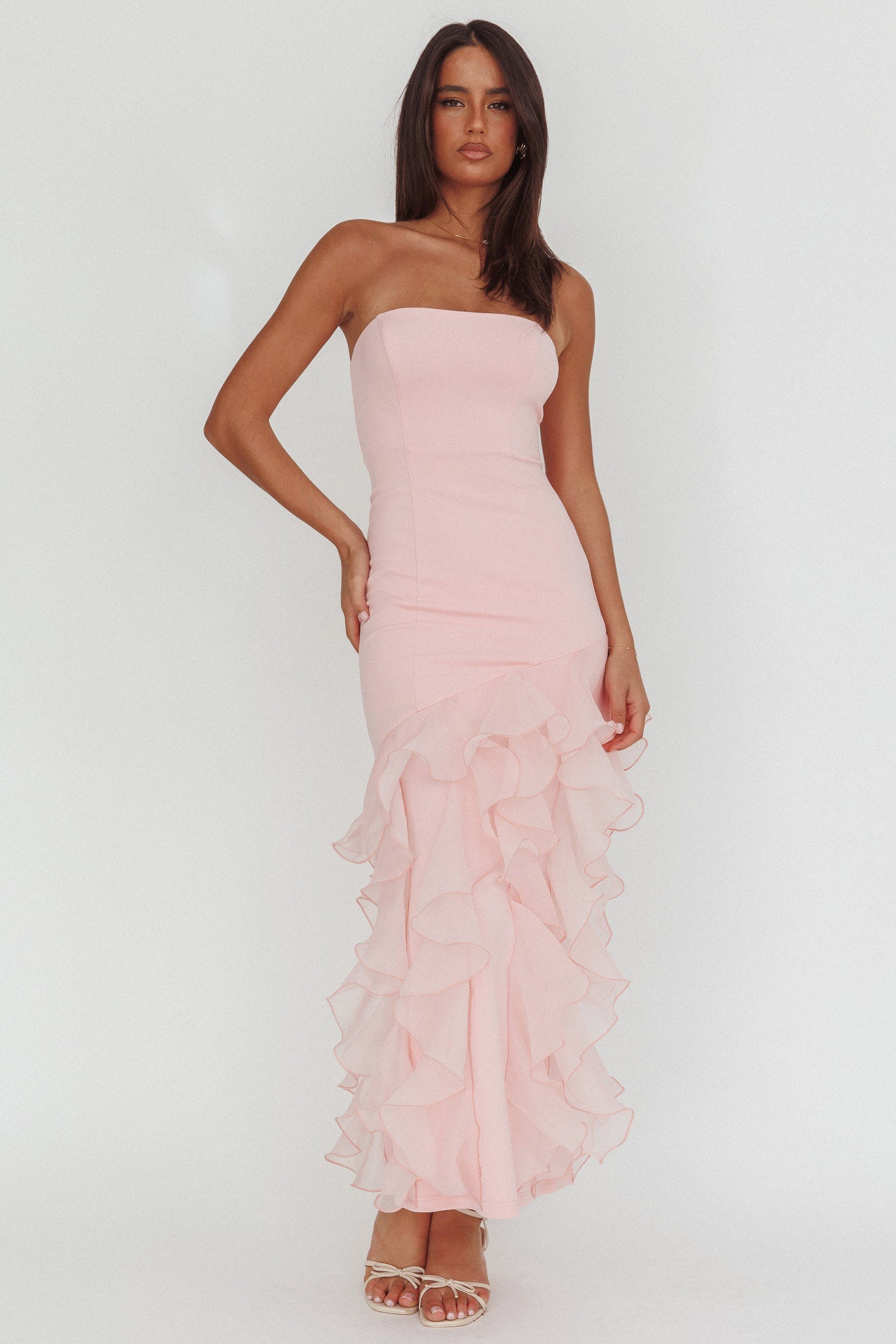 Kioto Strapless Organza Trim Maxi Dress Blush | Selfie Leslie