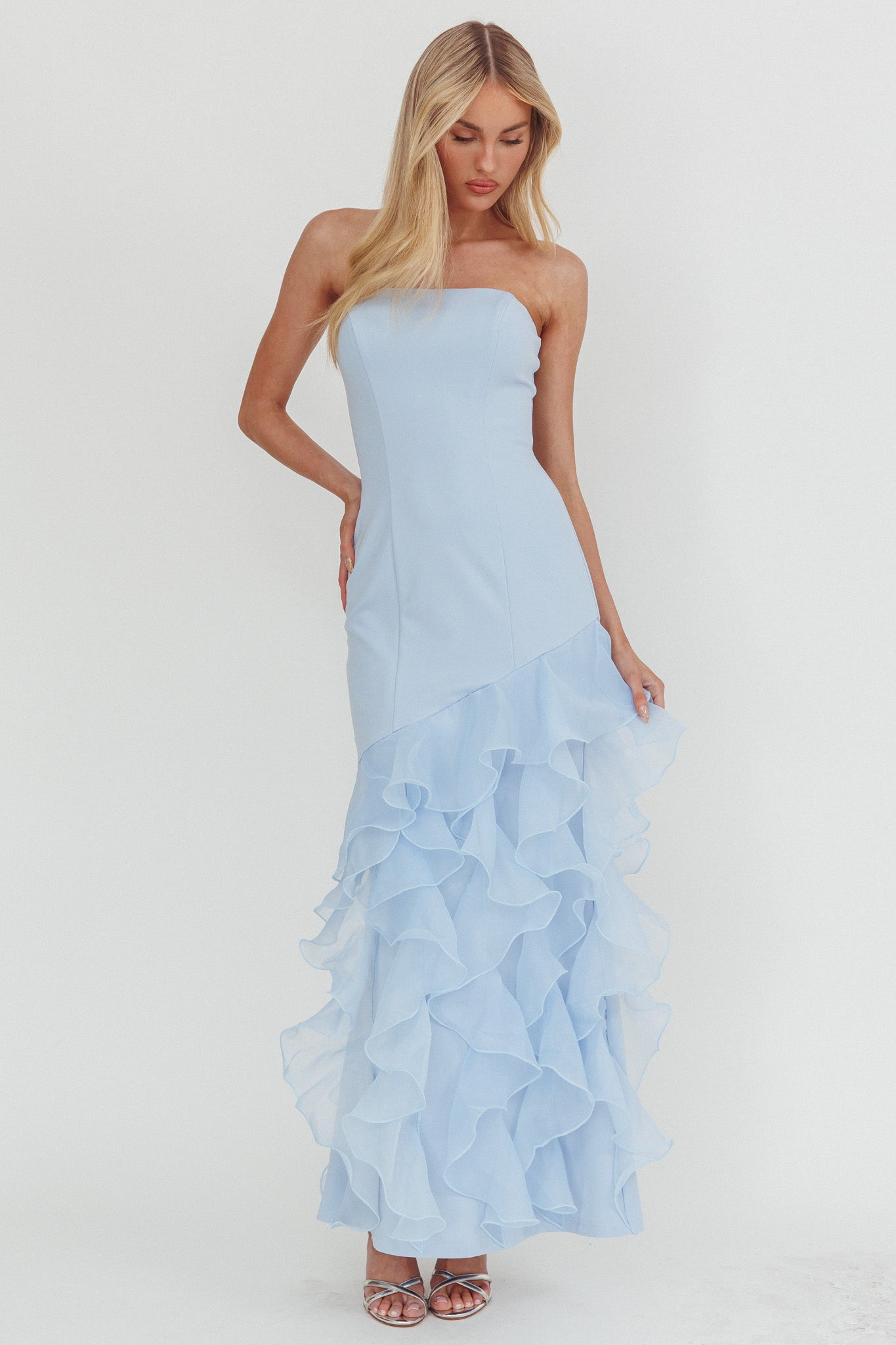 Kioto Strapless Organza Trim Maxi Dress Blue by Selfie Leslie