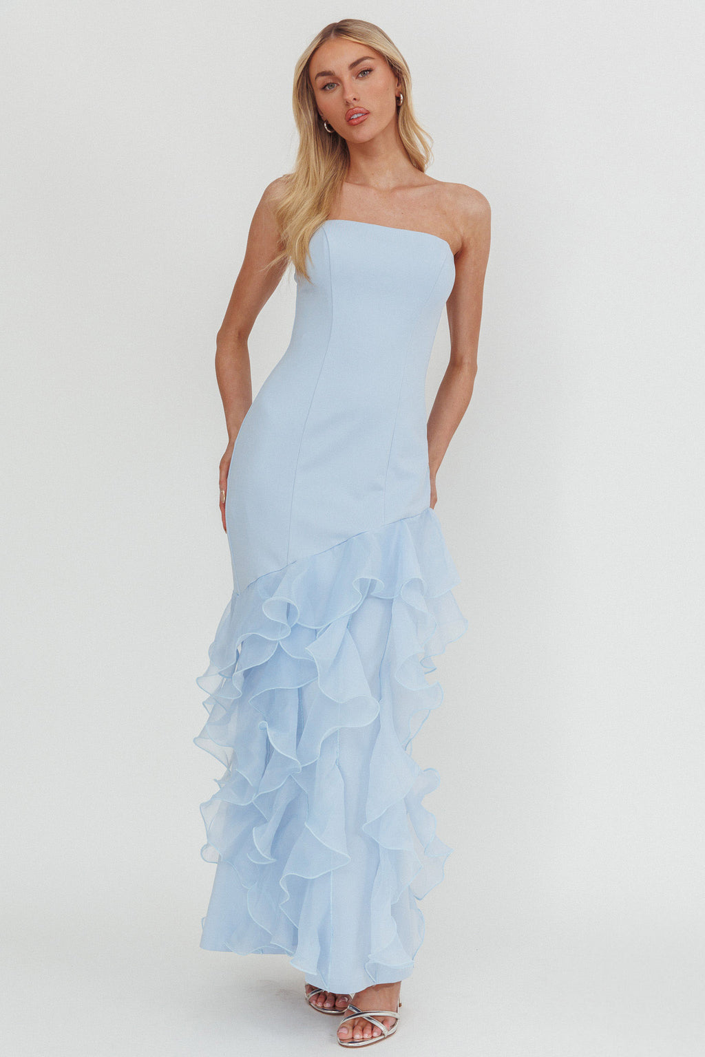 Kioto Strapless Organza Trim Maxi Dress Blue by Selfie Leslie
